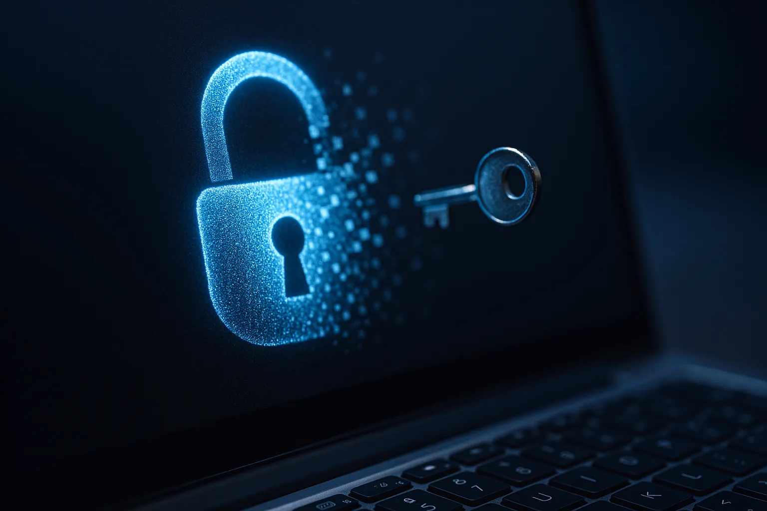 A glowing padlock icon dissolving into pixels on a darkened laptop screen with a small key floating outside, illustrating an authentication token being silently extracted from a Microsoft 365 account without a login prompt