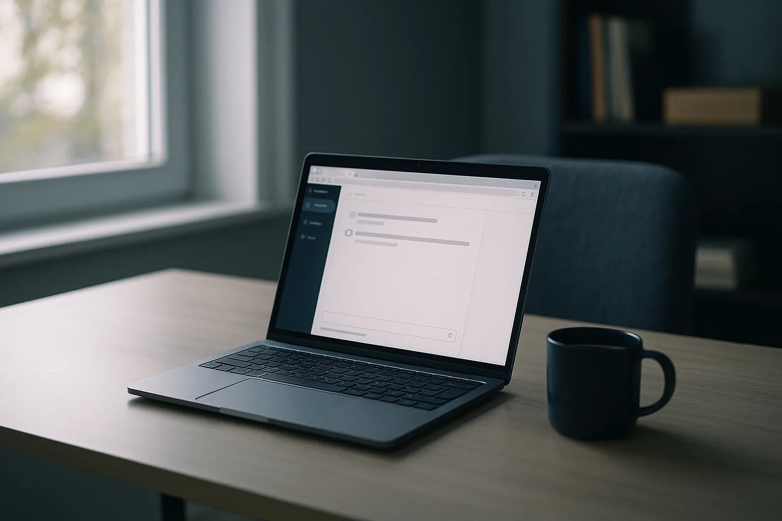 An unattended laptop on a home office desk showing a browser window with an AI chat assistant sidebar open, a coffee mug beside it and an empty chair