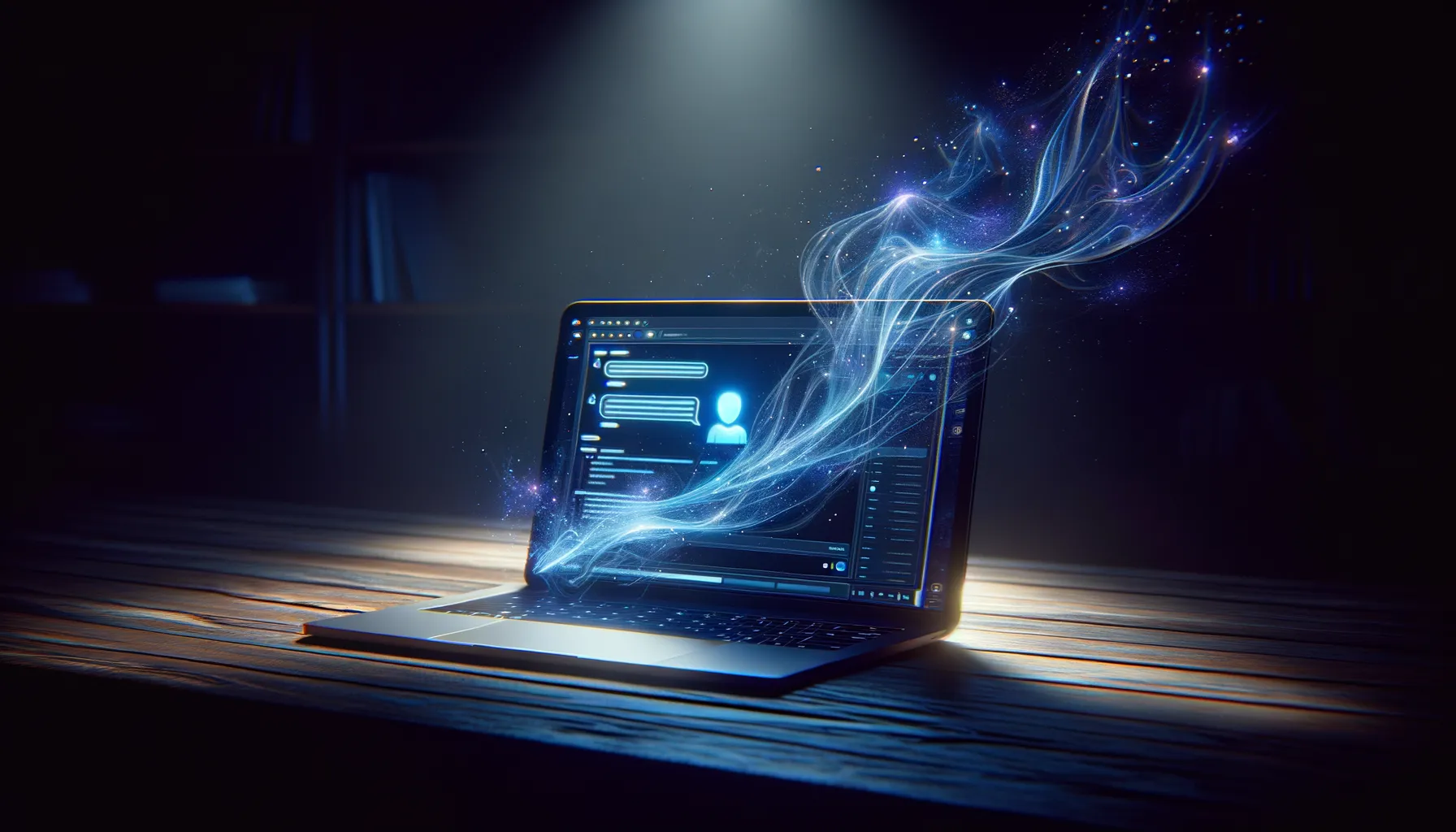 A laptop in a dim room showing an AI chatbot interface with faint streams of data flowing from the screen into surrounding darkness