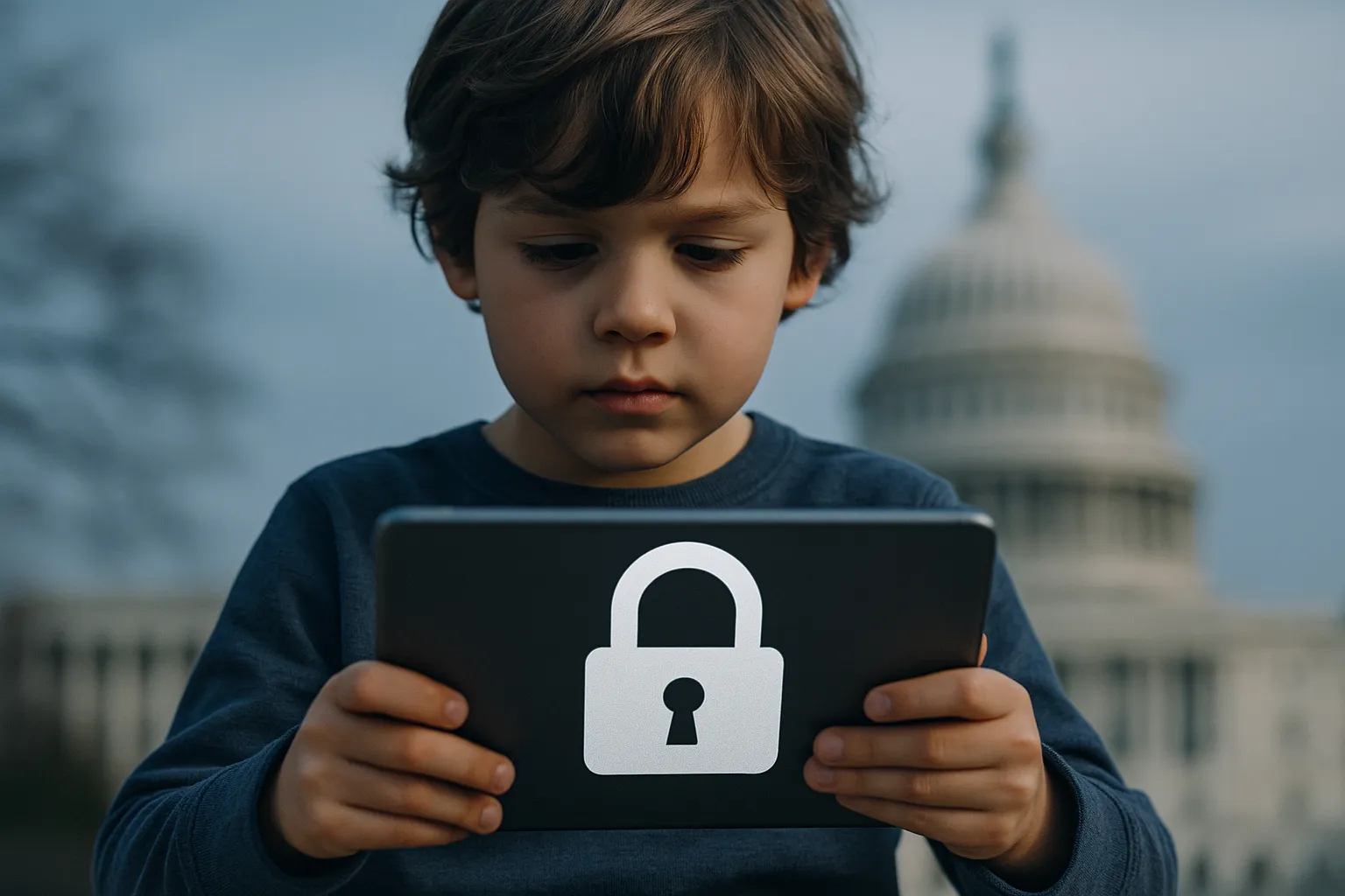 A child using a tablet with a padlock overlay symbolizing digital privacy protection