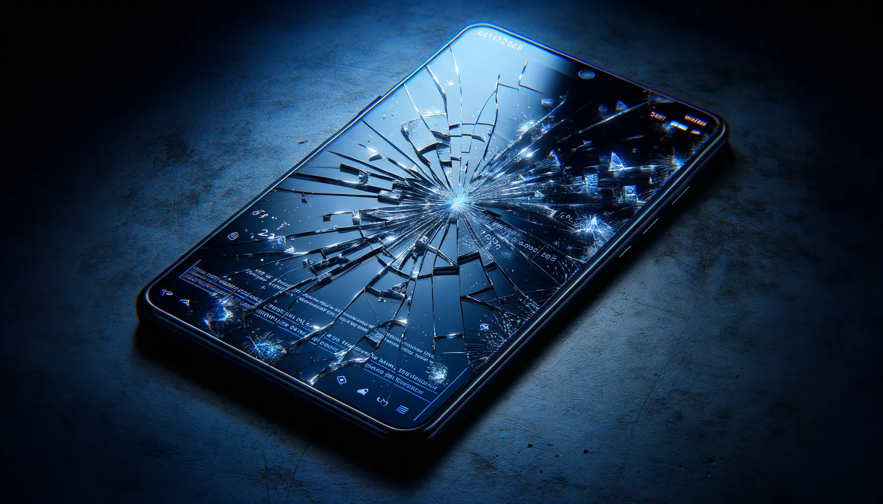 Cracked smartphone screen on dark surface with digital code reflections, representing mobile security vulnerabilities