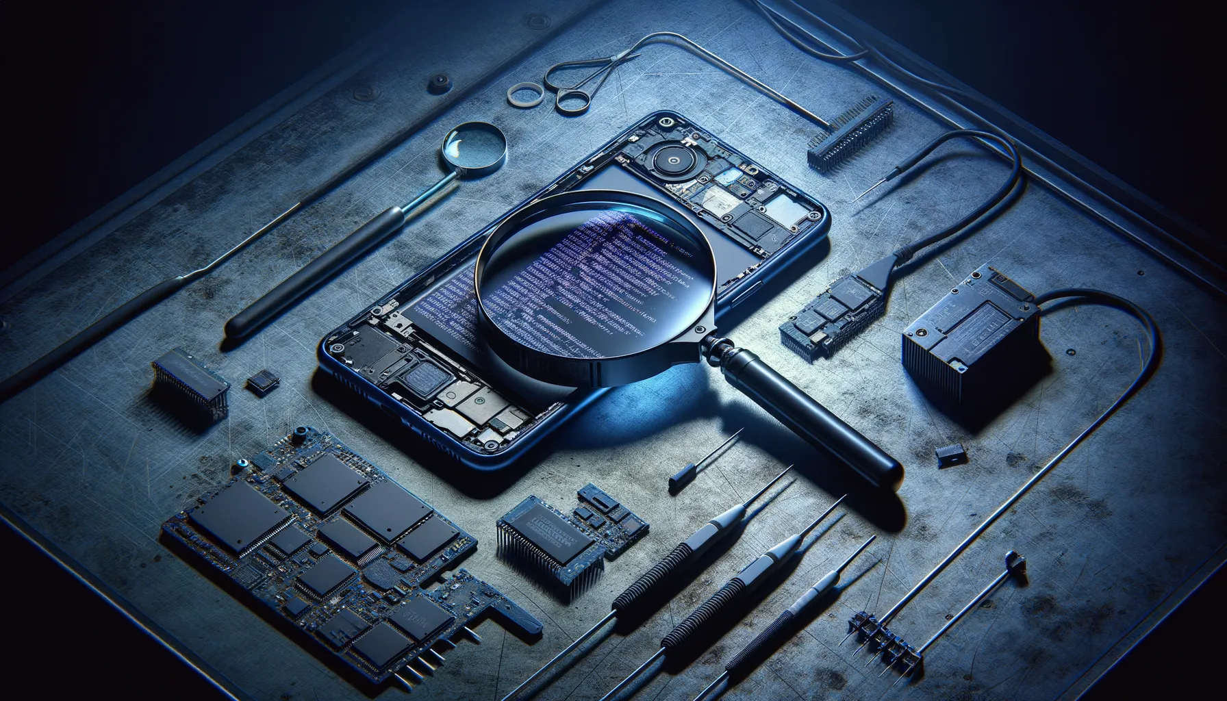 Disassembled iPhone on dark metal surface with diagnostic cables and magnifying glass revealing hidden code