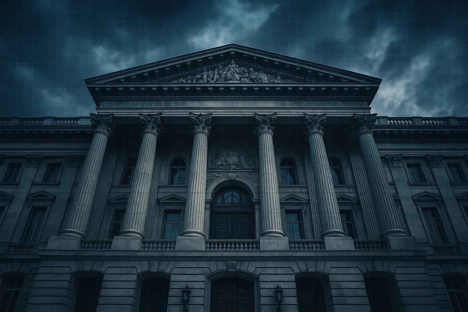 Formal European governmental building entrance with digital grid overlay suggesting a data breach