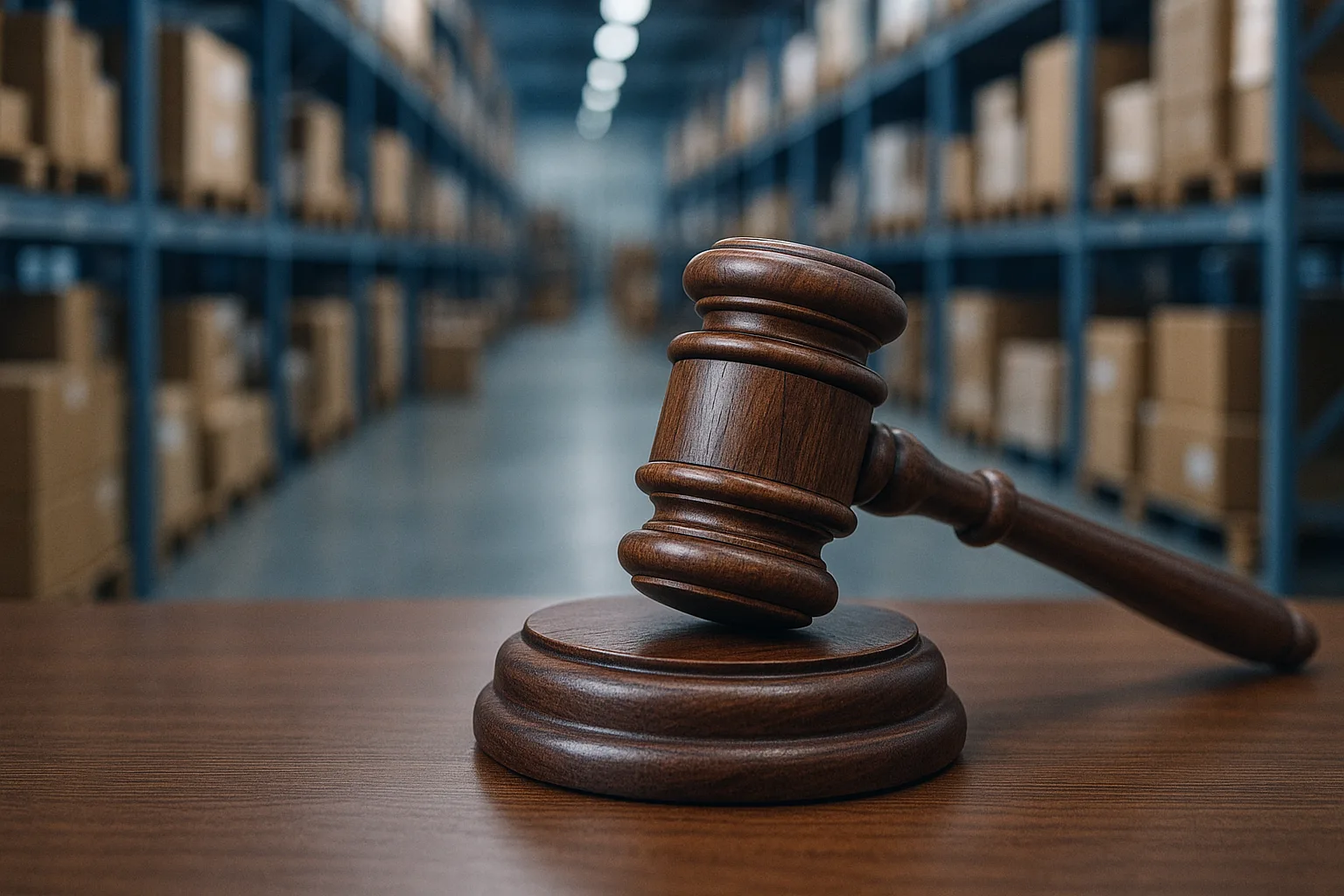 Judge's gavel in front of a blurred e-commerce fulfillment warehouse, representing the record Korean data protection fine against Coupang