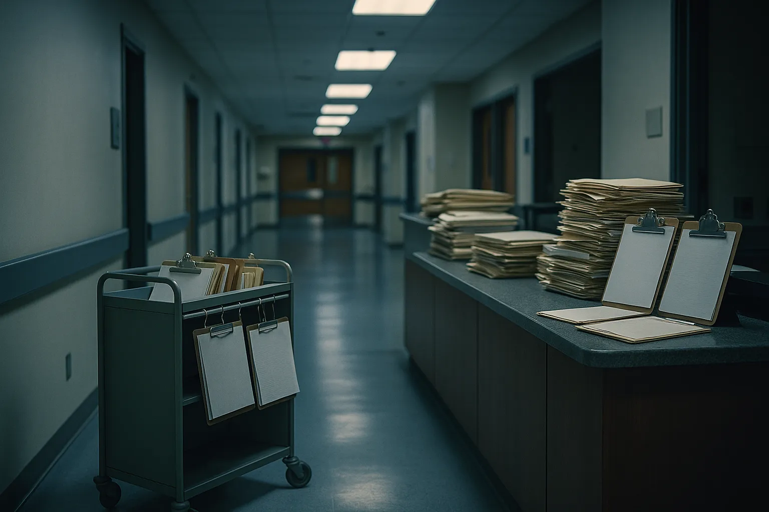 Empty hospital corridor with paper charts stacked on an admissions desk, representing lab services reverting to paper orders during a ransomware attack