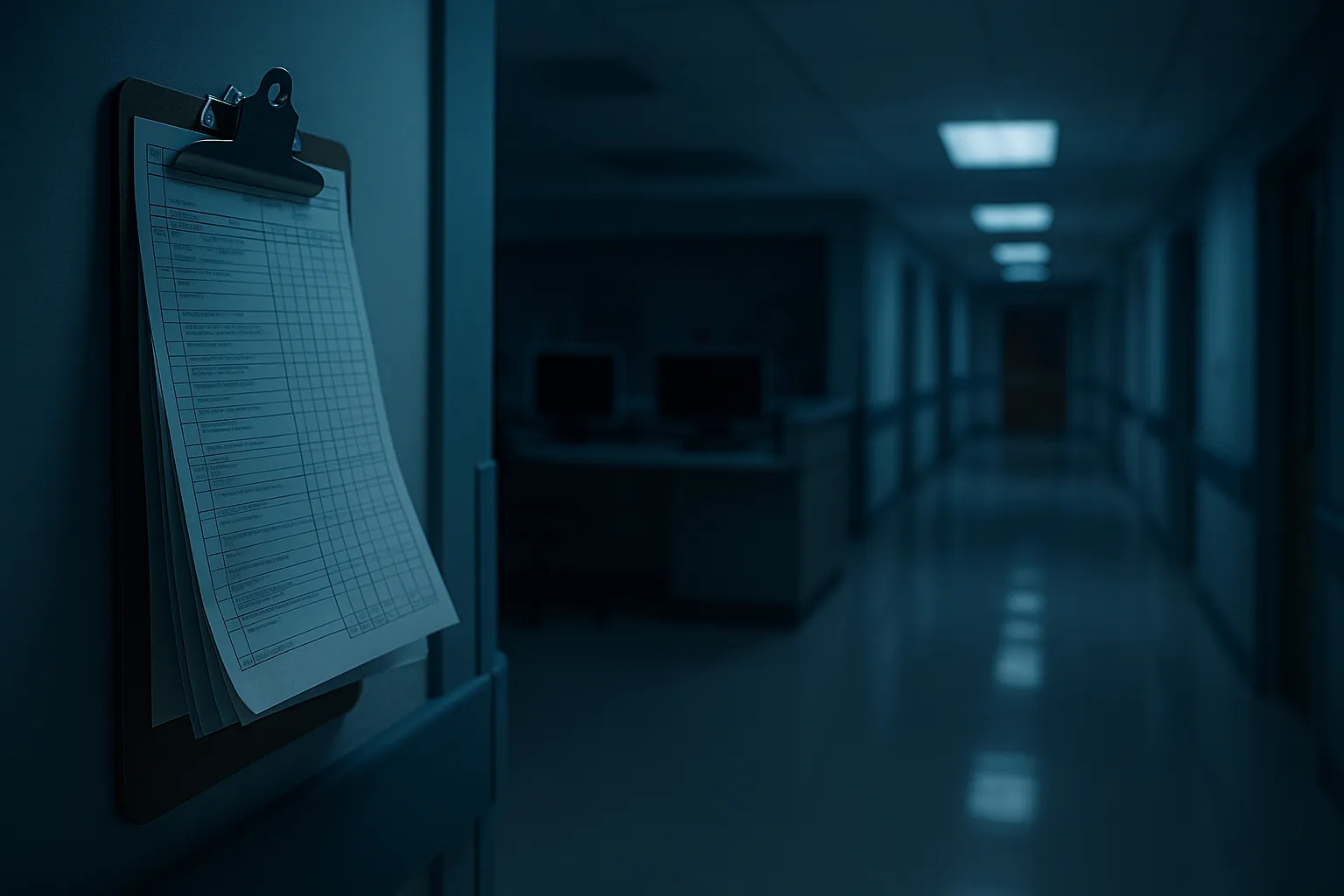 An editorial photograph of a quiet hospital corridor with paper charts on a wall mounted clipboard and a darkened nurse's station in the background, subtle indigo overhead lighting representing a hospital system operating under cyber attack constraints