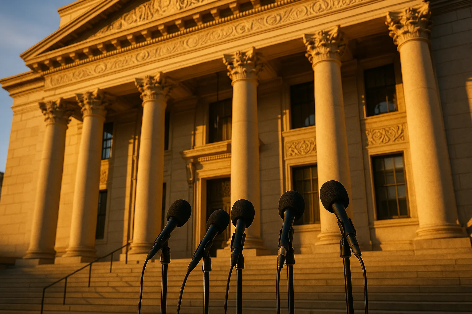 Federal courthouse facade at golden hour with broadcast microphones on the steps illustrating the WhatsApp v. NSO Group amicus brief filed at the Ninth Circuit