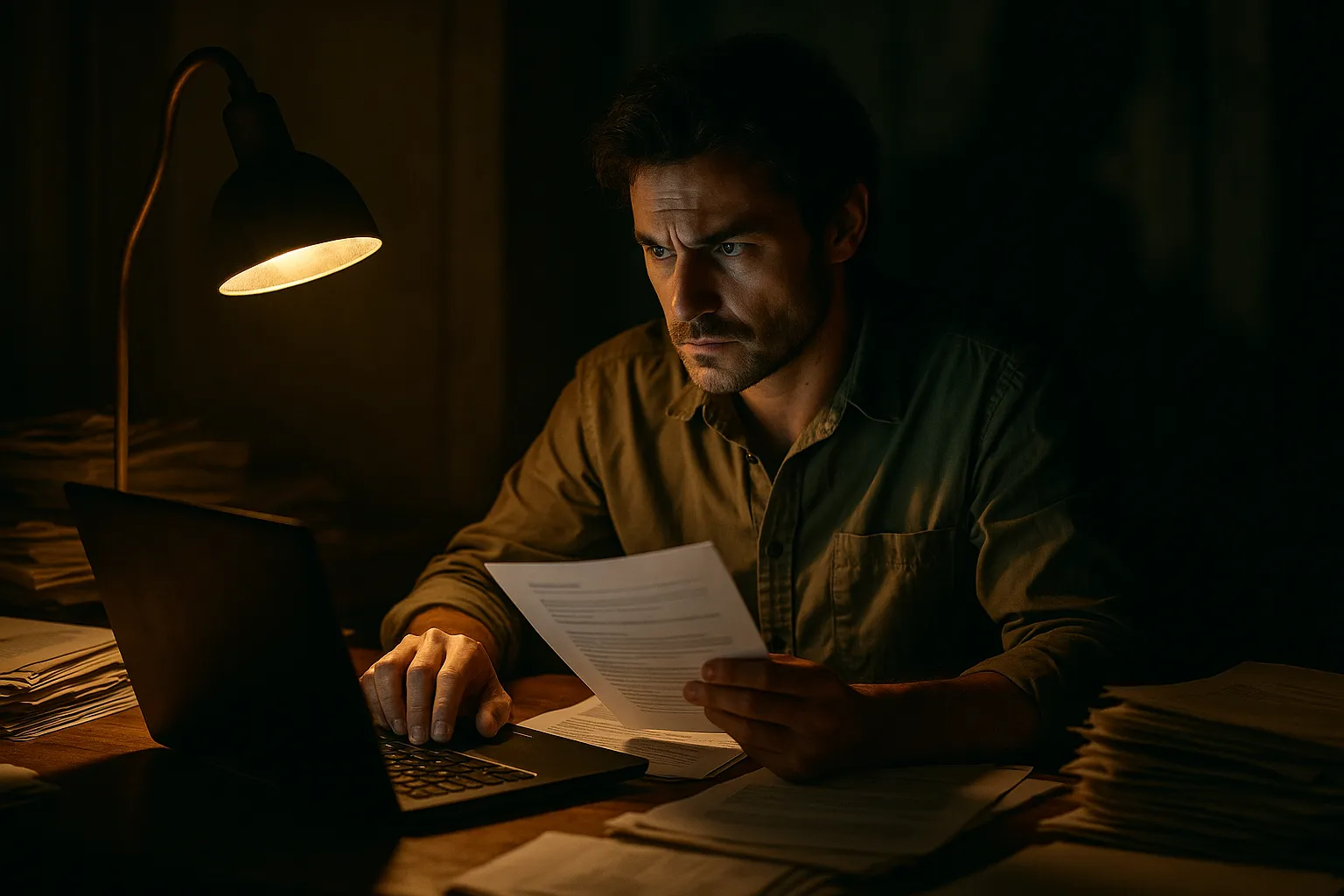 An investigative journalist at a desk in a dimly lit room, reviewing documents with a laptop nearby showing an email account with a security warning