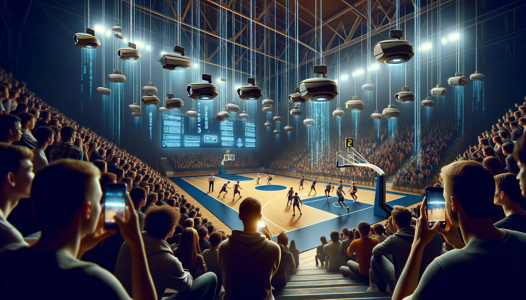 High school gymnasium during a basketball game with students holding smartphones showing digital tickets, overlaid with data flow streams rising from the devices