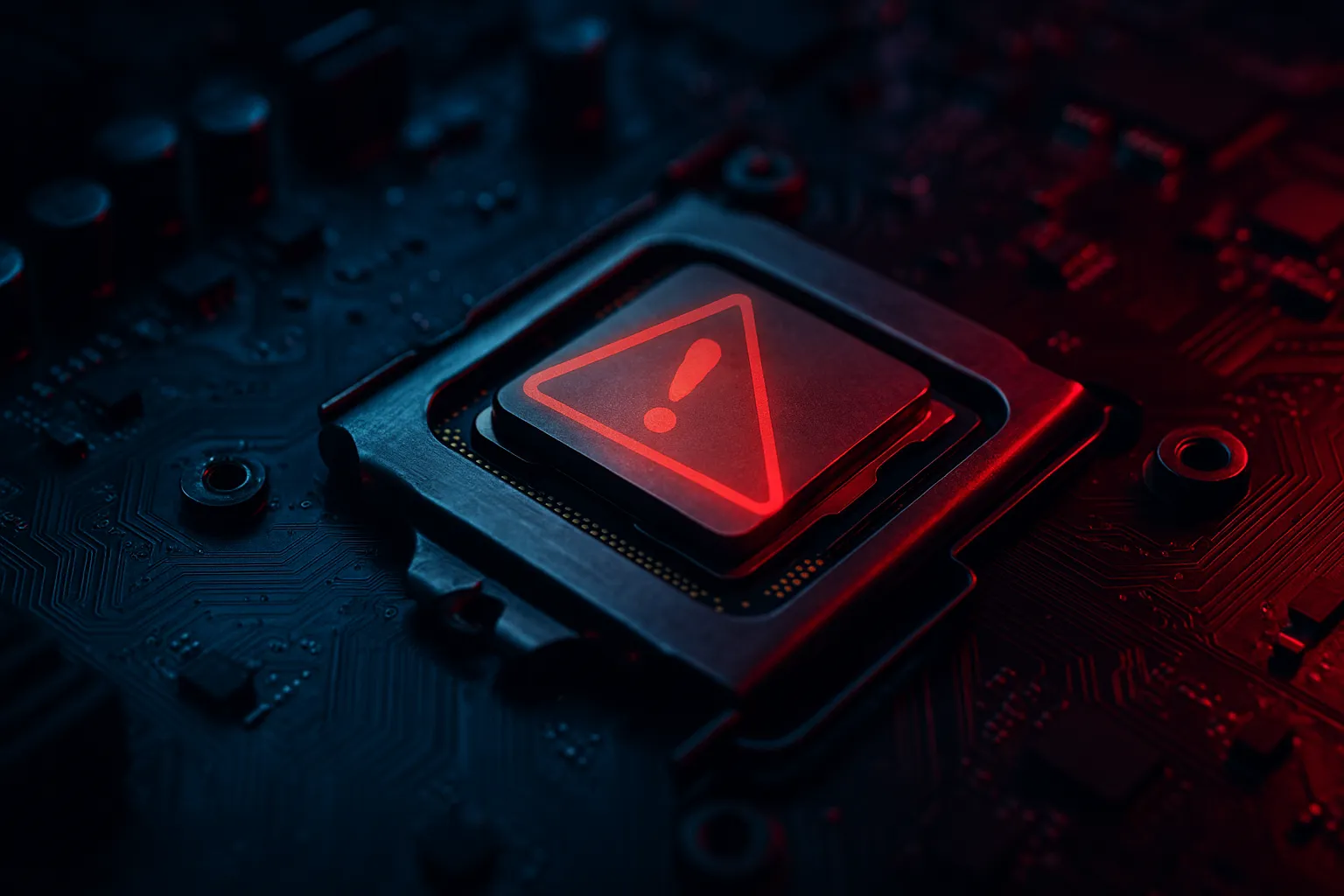 Close up of a computer motherboard CPU chip with warning indicators symbolizing a supply chain compromise