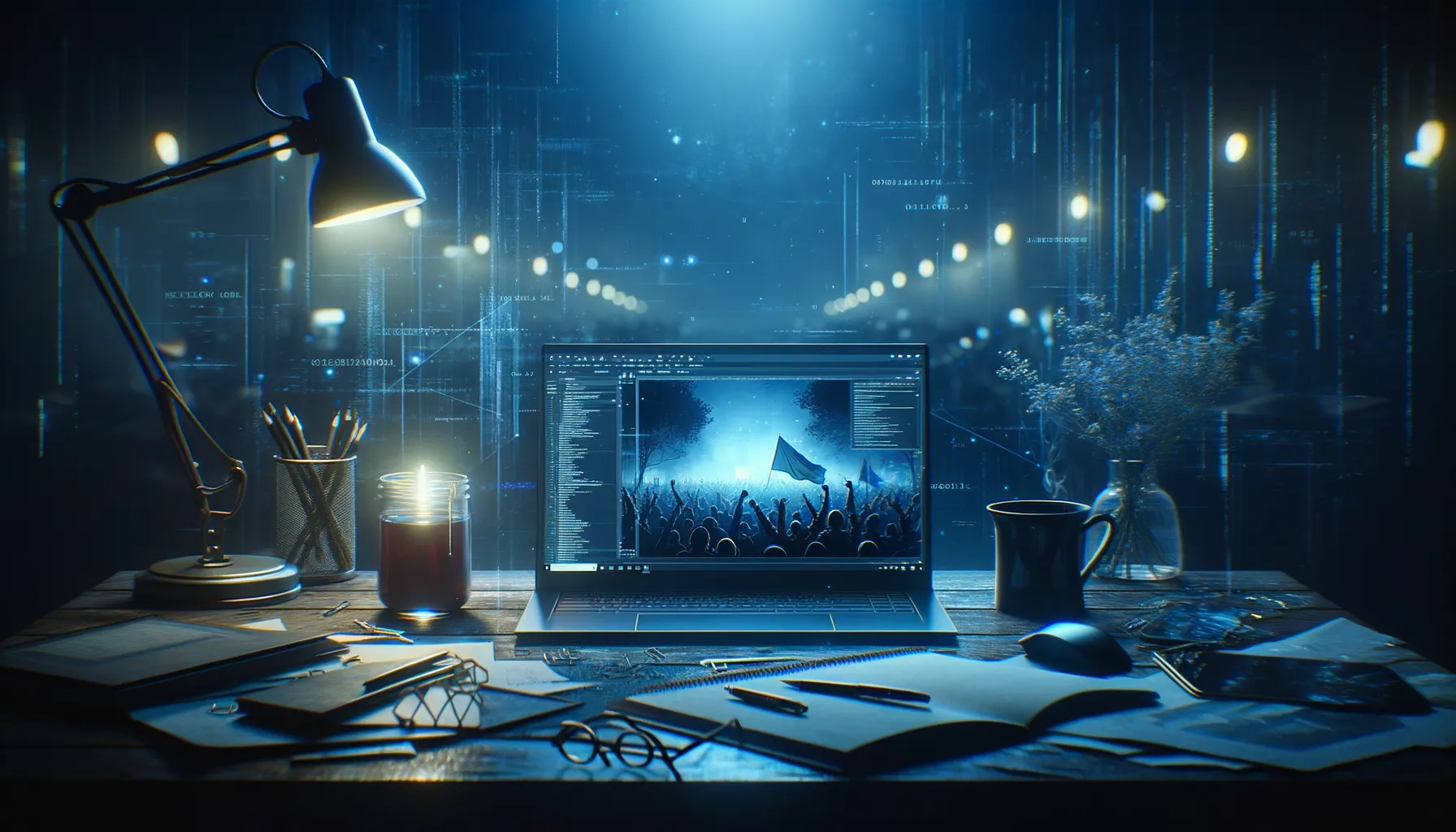 A laptop screen showing protest footage in a dimly lit room with digital code fragments faintly visible in the screen reflection