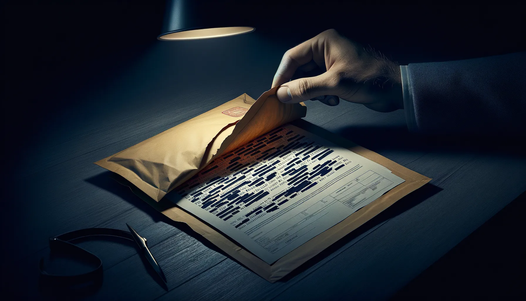 Sealed envelope being torn open revealing redacted documents on a desk under lamp light