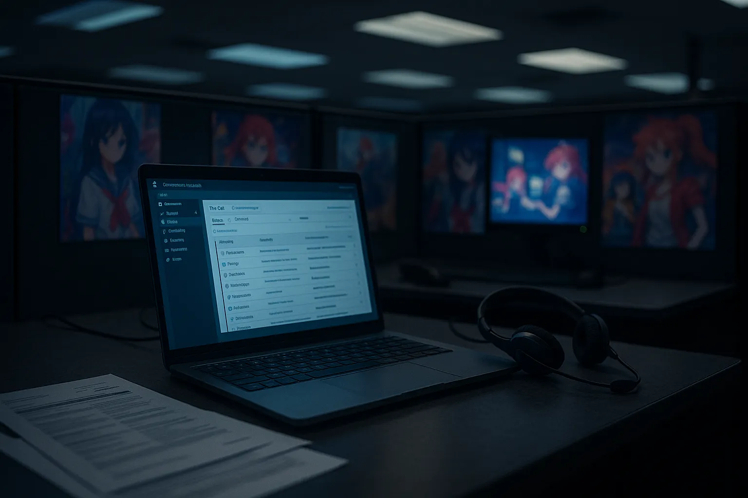 A laptop in a dimly lit call center cubicle casting a blue glow on scattered documents, representing the Crunchyroll data breach through an outsourced support vendor