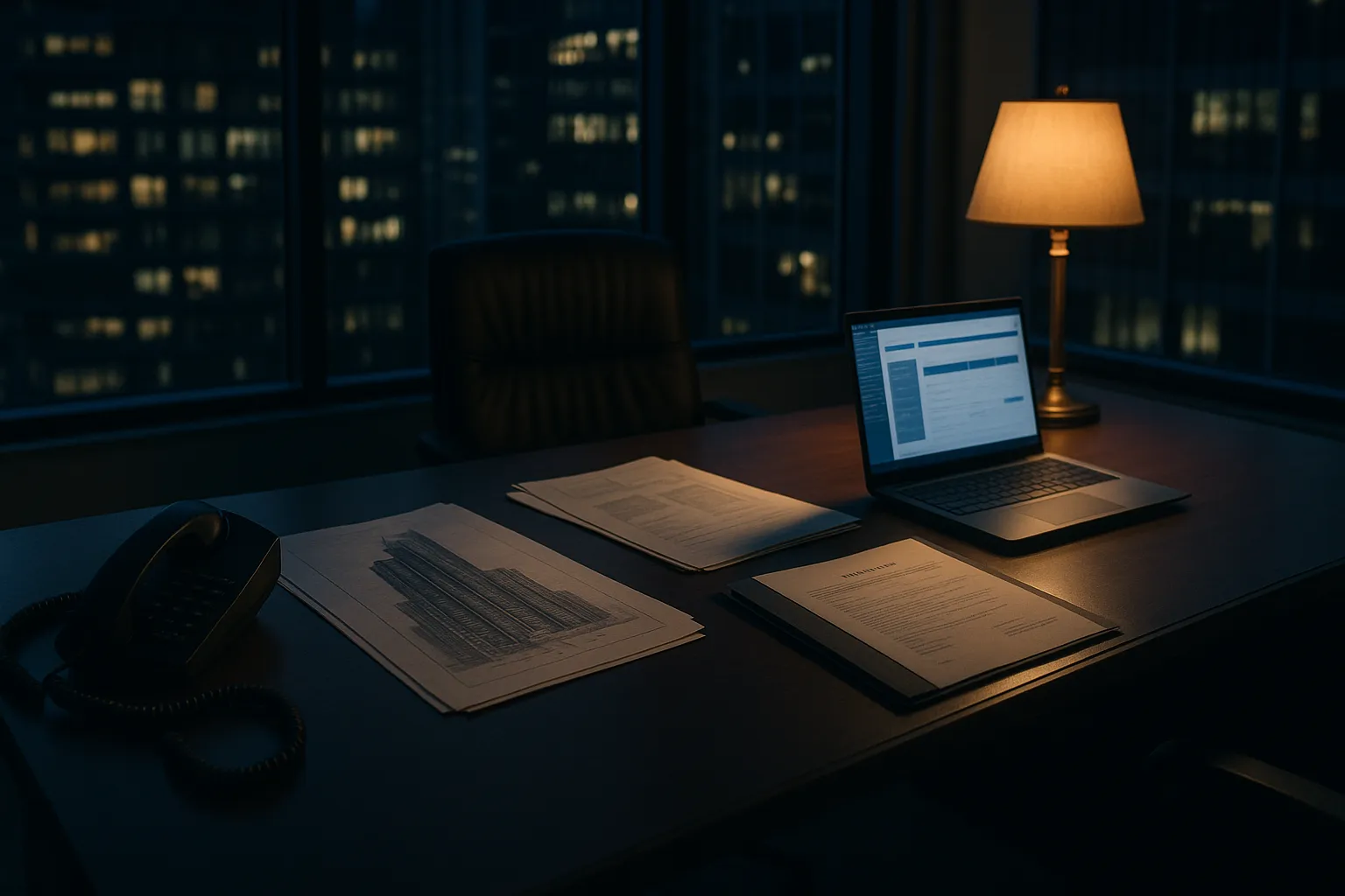 An abandoned commercial real estate broker office at night with a landline phone knocked off its cradle, the handset dangling, leasing documents on the desk and city lights through floor to ceiling windows