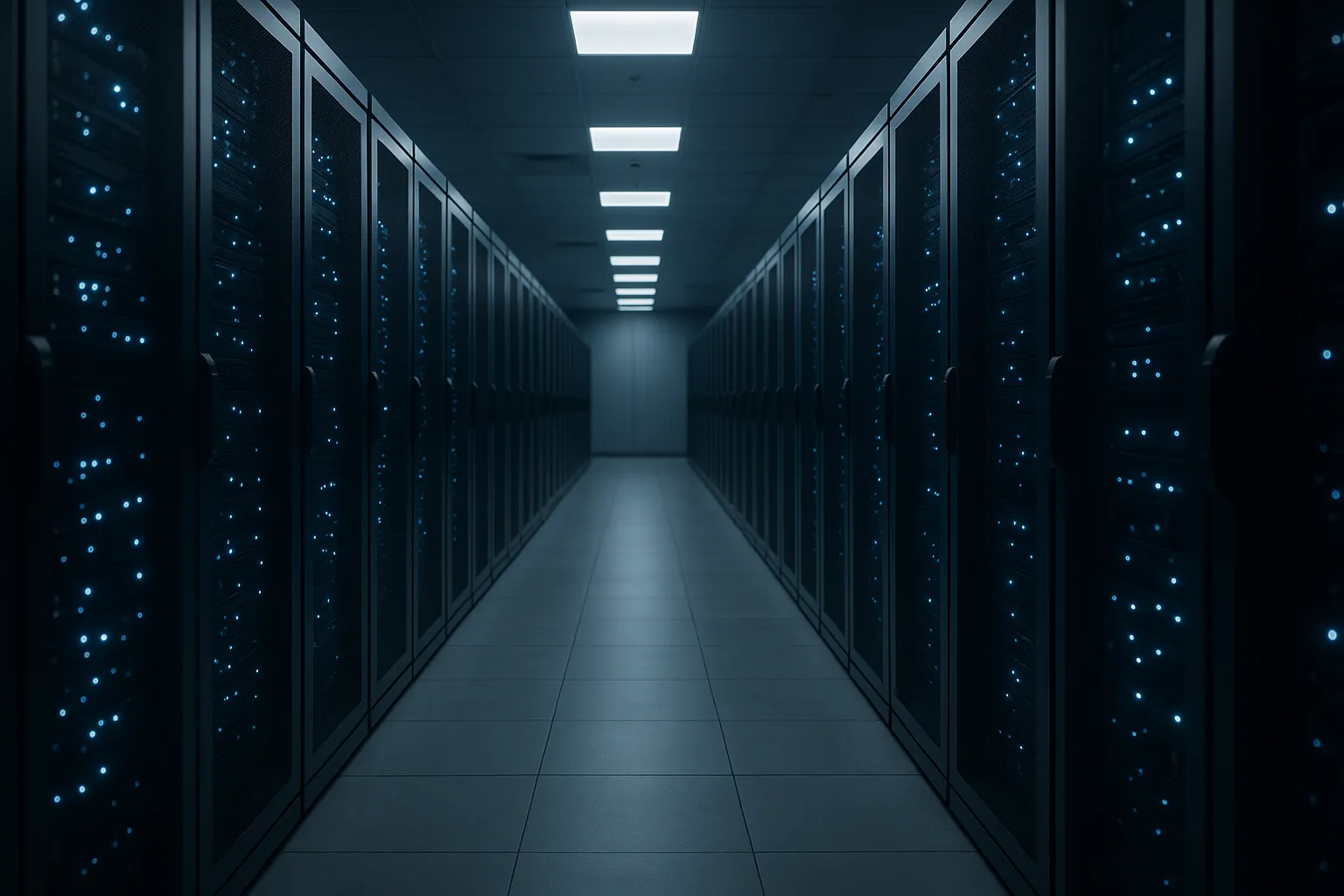 A long, dimly lit data center server room corridor with rows of server racks glowing with blue indicator lights, representing hosted email infrastructure under threat