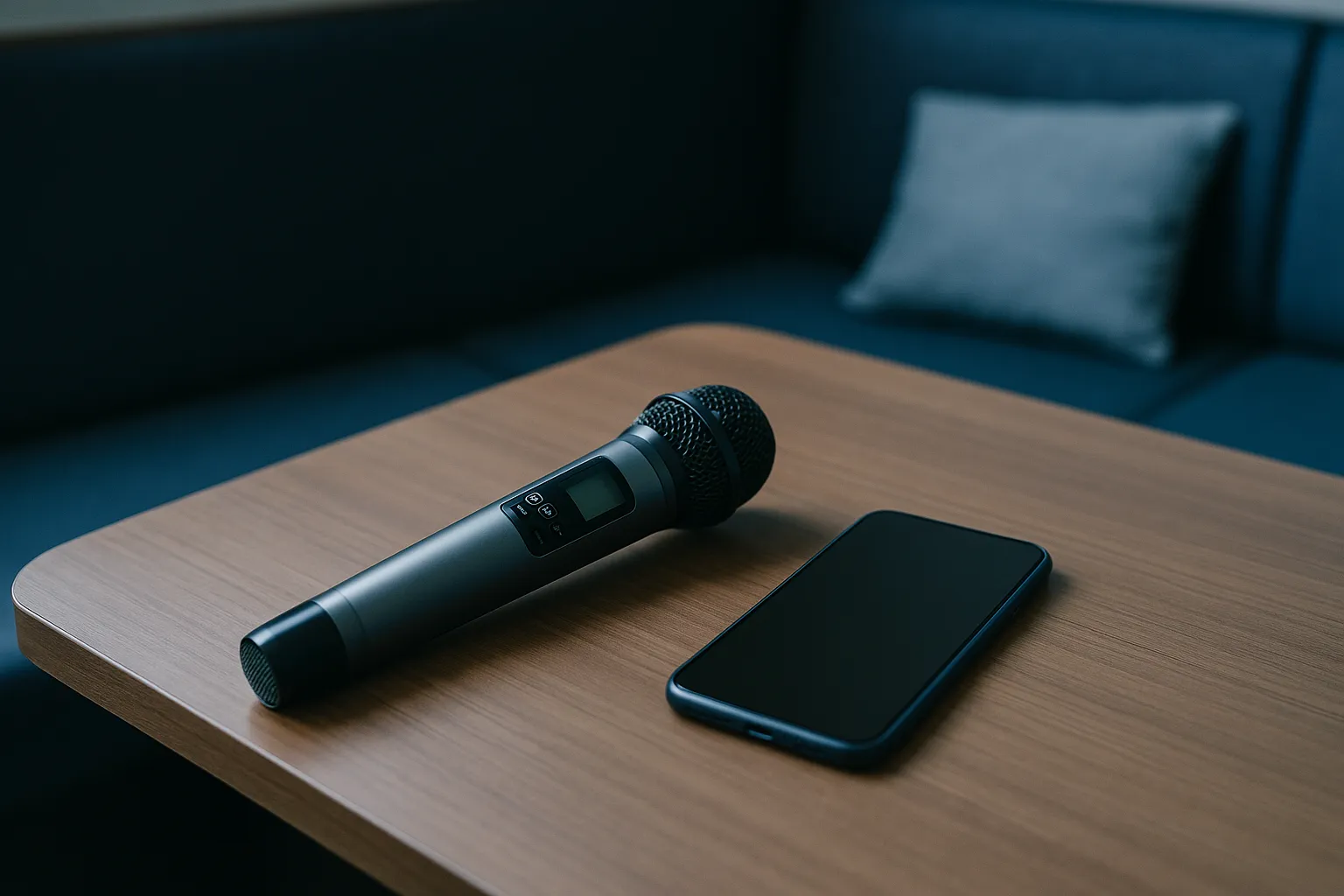 A karaoke microphone resting on a low table in a softly lit private karaoke room, a smartphone with a dark screen lying beside it