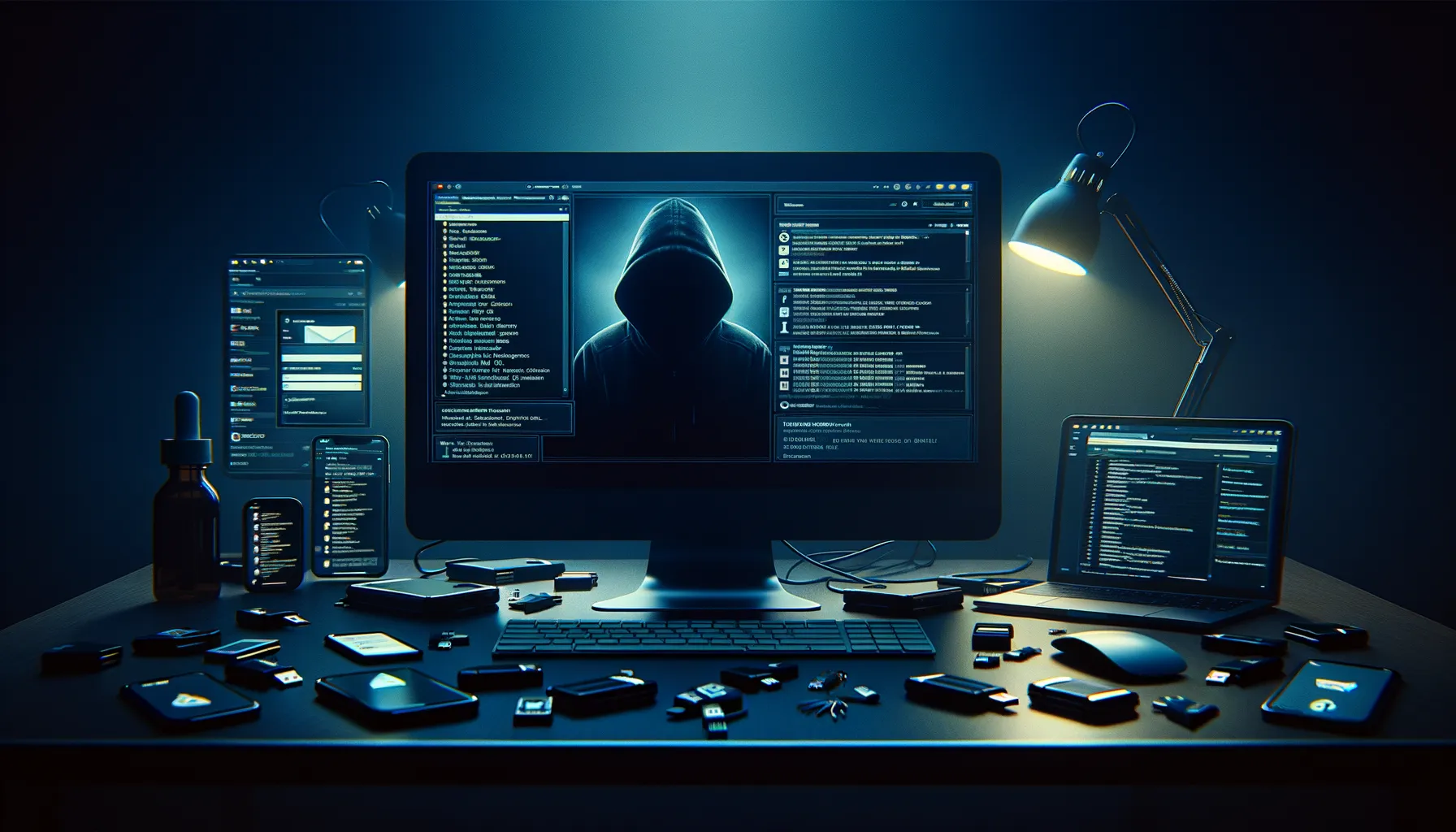 Dark computer screen showing multiple browser windows with a shadowy reflection