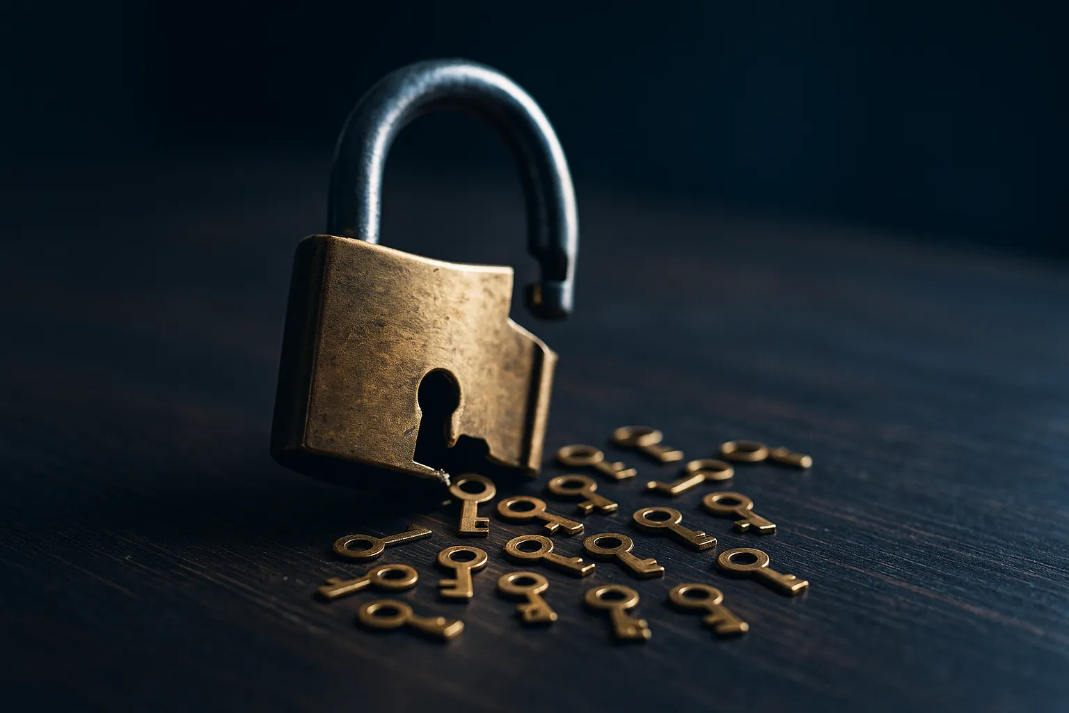Broken brass padlock with scattered keys on a dark wooden desk, representing a password manager breach