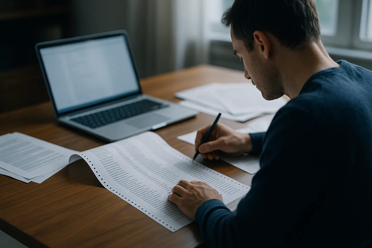 A person at a wooden desk marking entries with a pen on a long printed list of company names, an open laptop beside them in soft daylight