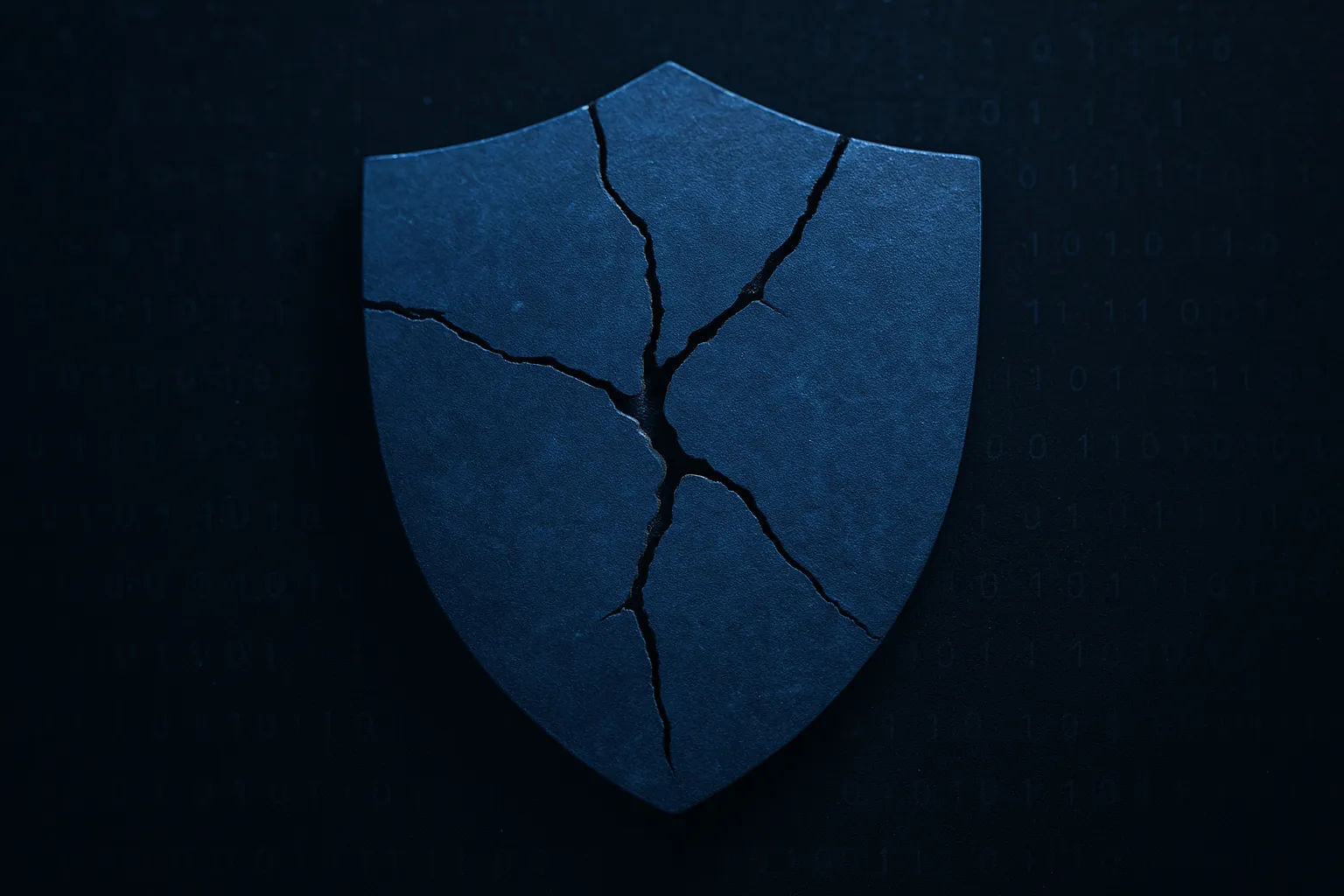 A cracked blue shield icon with three fracture lines against a dark digital background