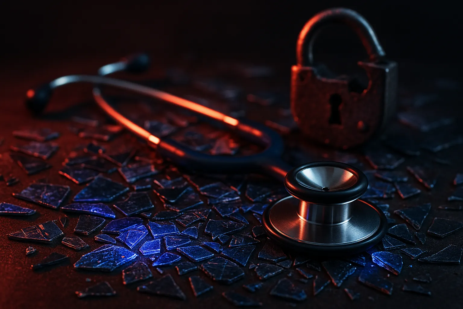 A stethoscope resting on shattered digital data shards with glowing red and indigo light representing a healthcare data breach