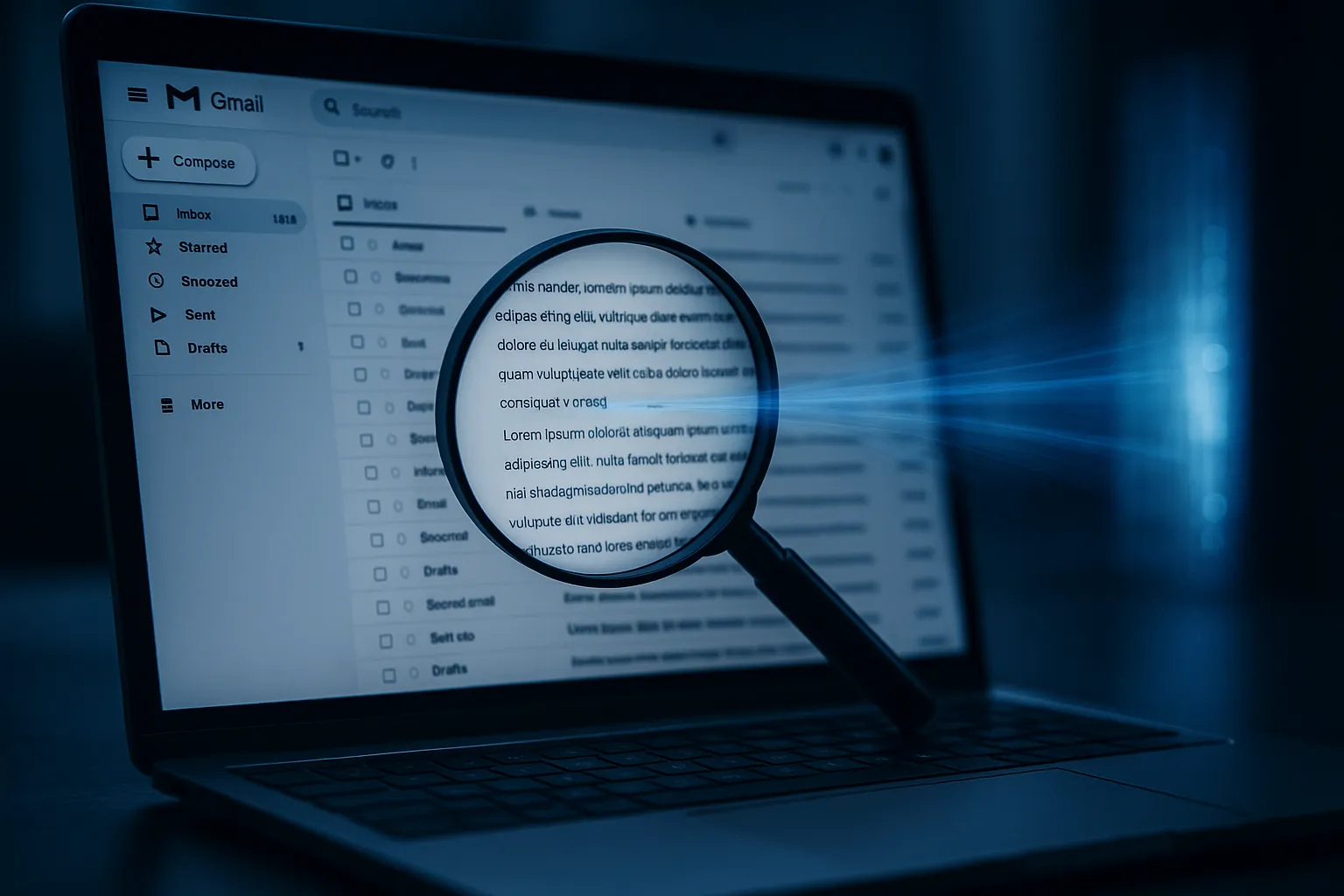Gmail inbox with a magnifying glass revealing a tiny invisible tracking pixel in an email, with data streams representing hidden email surveillance