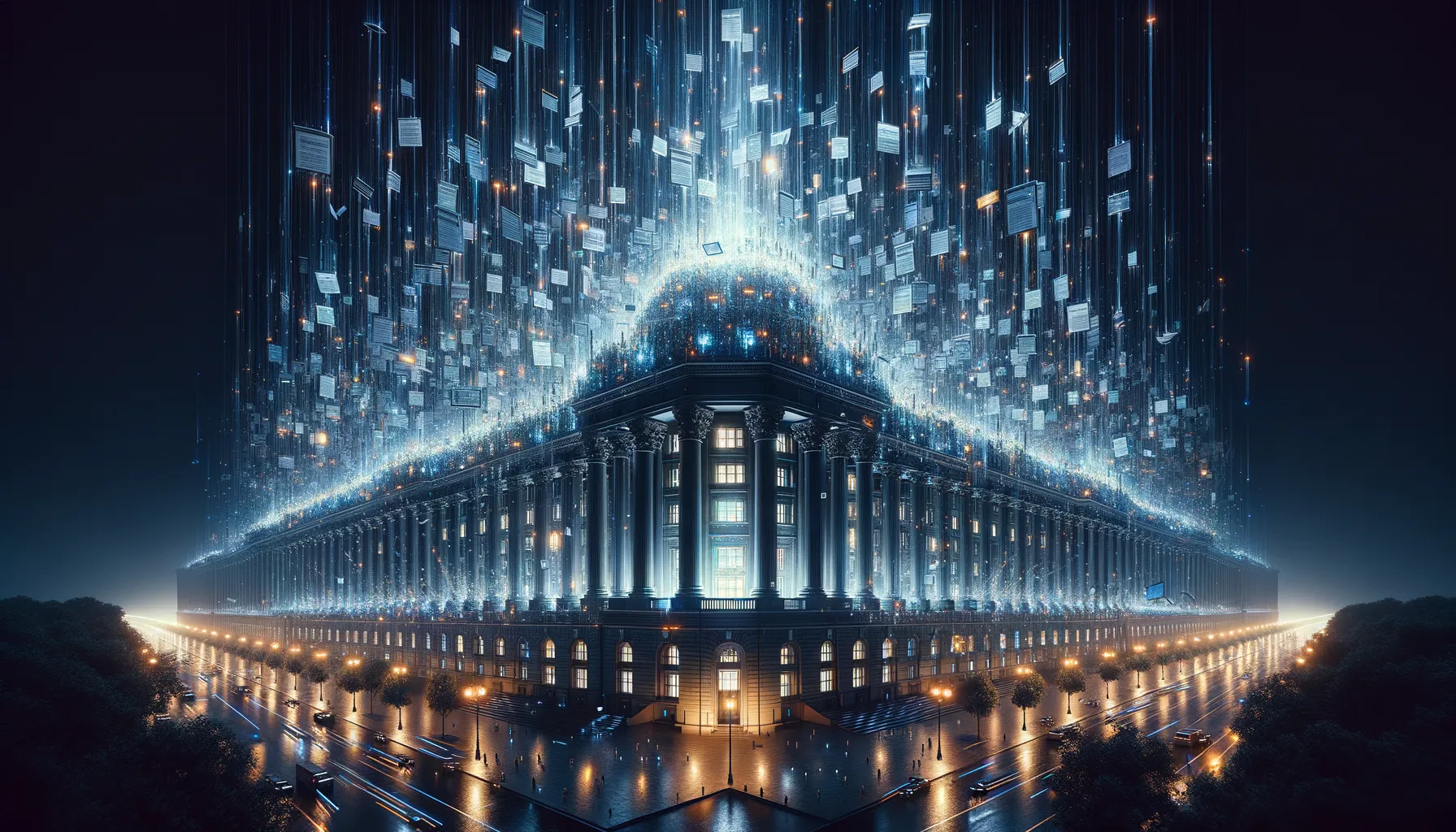 Government building at night with digital documents and data streams flowing outward, representing leaked classified contract data