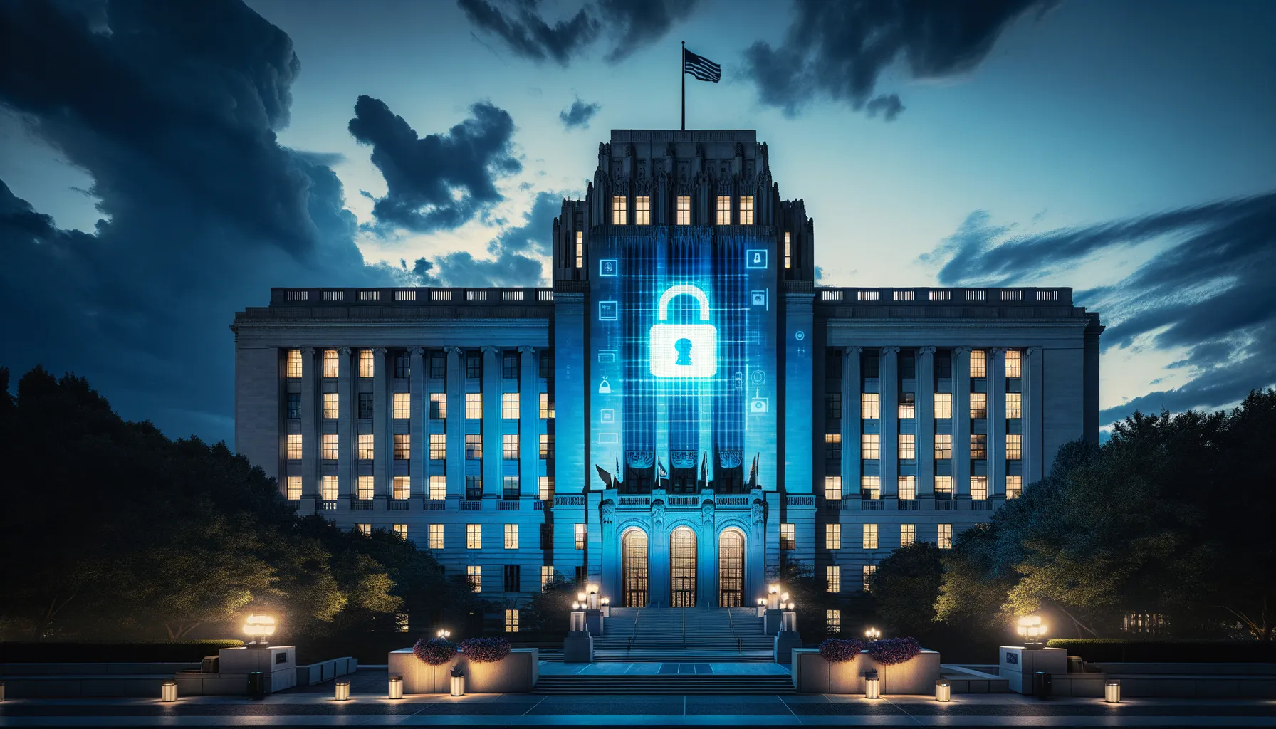 German parliament building at dusk with a digital padlock projected on its facade