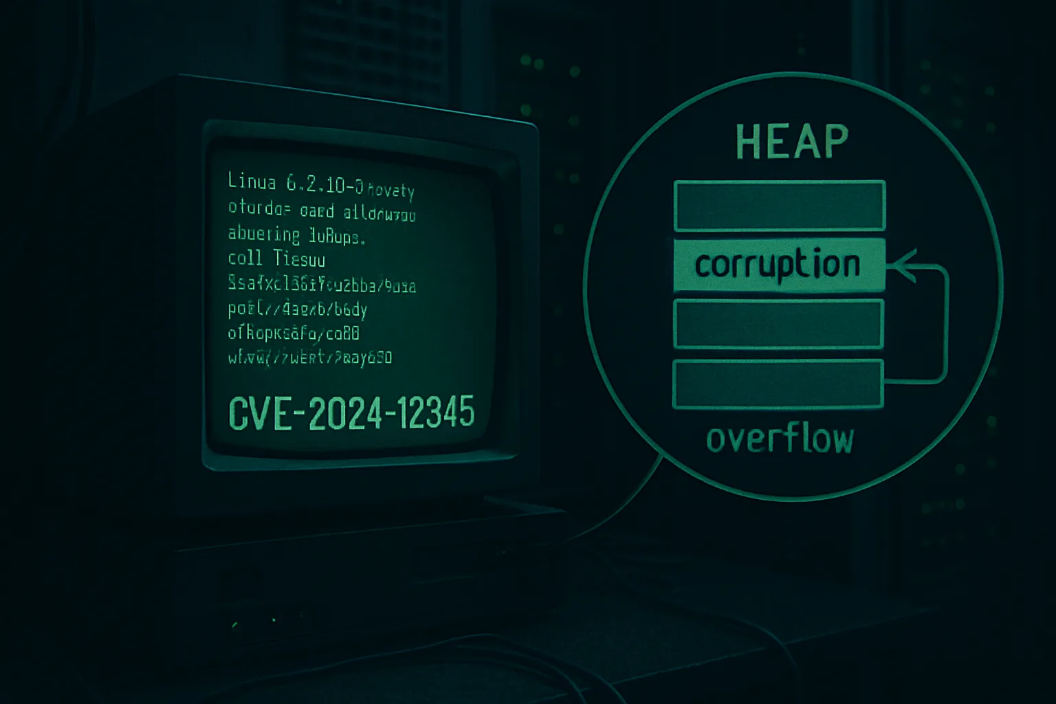 A split terminal screen showing a Linux kernel networking path on the left and page cache memory corruption output on the right, representing the DirtyClone CVE-2026-43503 privilege escalation exploit