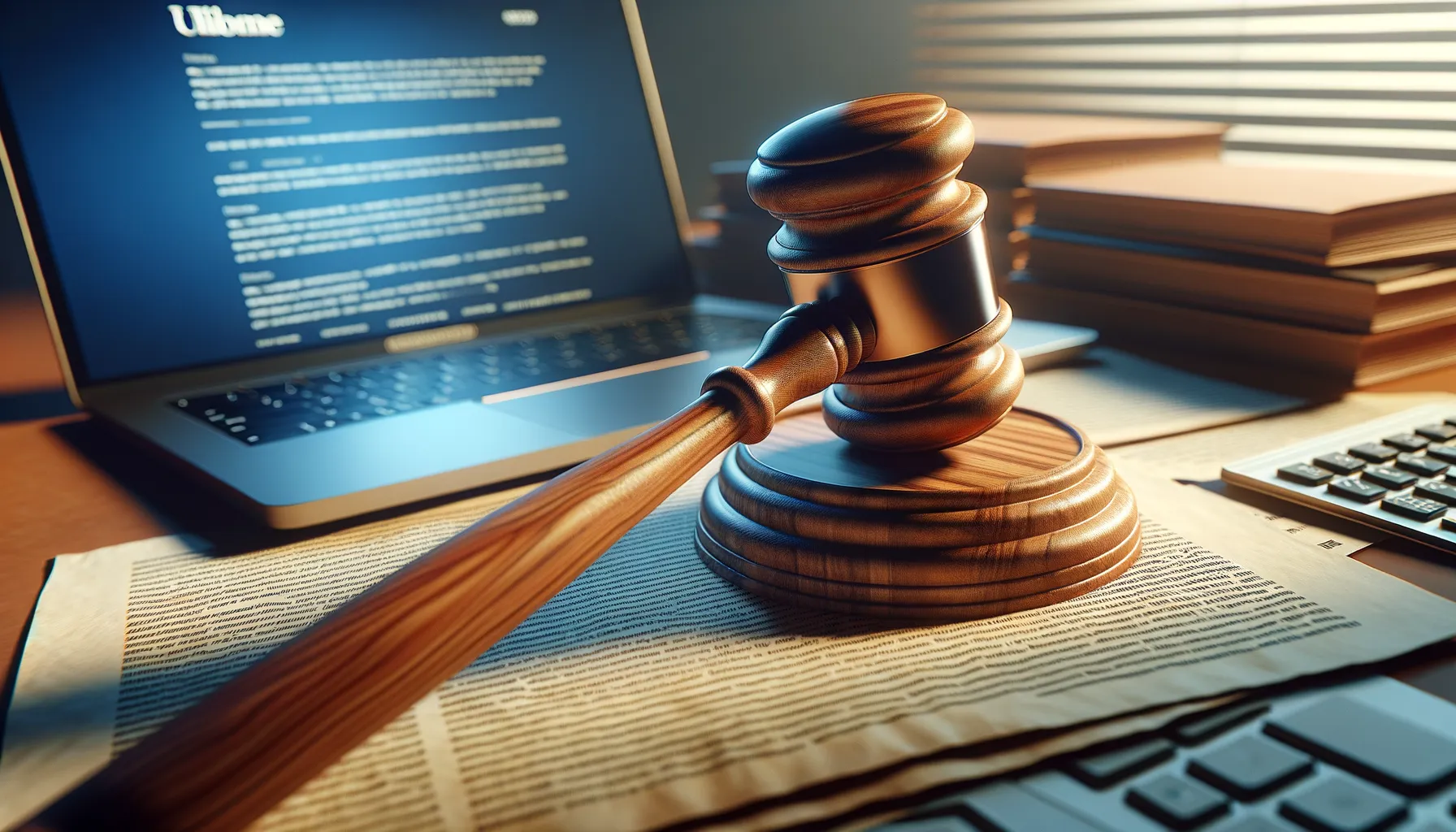 Gavel on legal documents with a streaming service visible on a laptop screen in the background