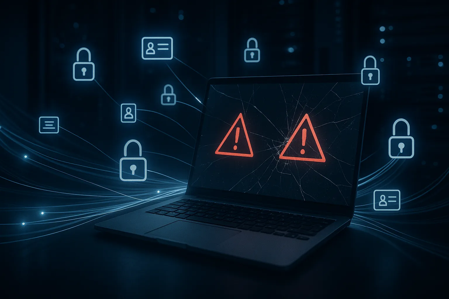 A dark server room with a sinister shadowy figure emerging from cracked server equipment, symbolizing malware stealing cloud credentials