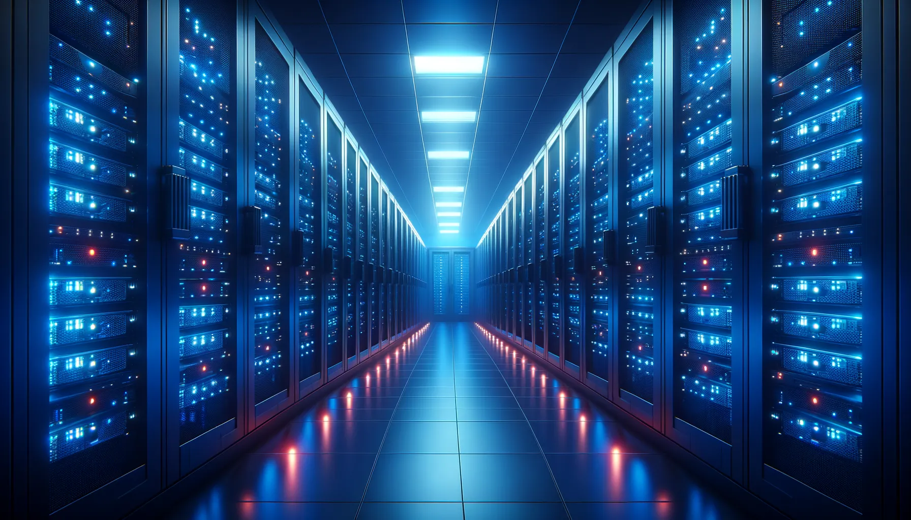 A server room with blue LED indicator lights and a single red warning light on a rack