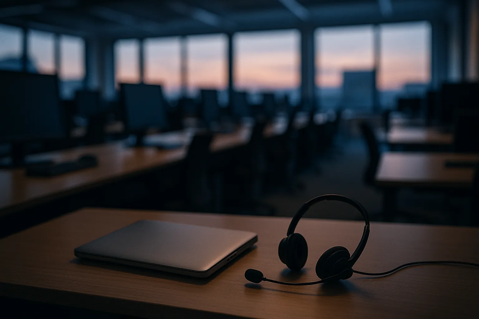 An empty desk in an open plan sales office at dusk, a headset resting beside a closed laptop, rows of monitors blurred in the background
