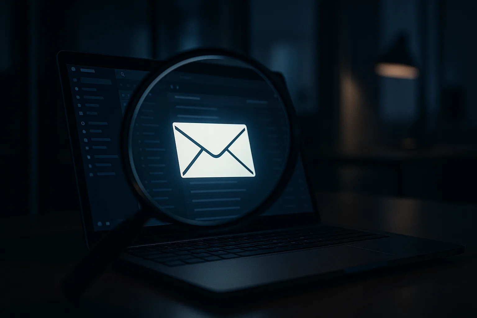 Magnifying glass hovering over a glowing email inbox on a laptop screen in a dim office, representing automated scanning of Gmail messages