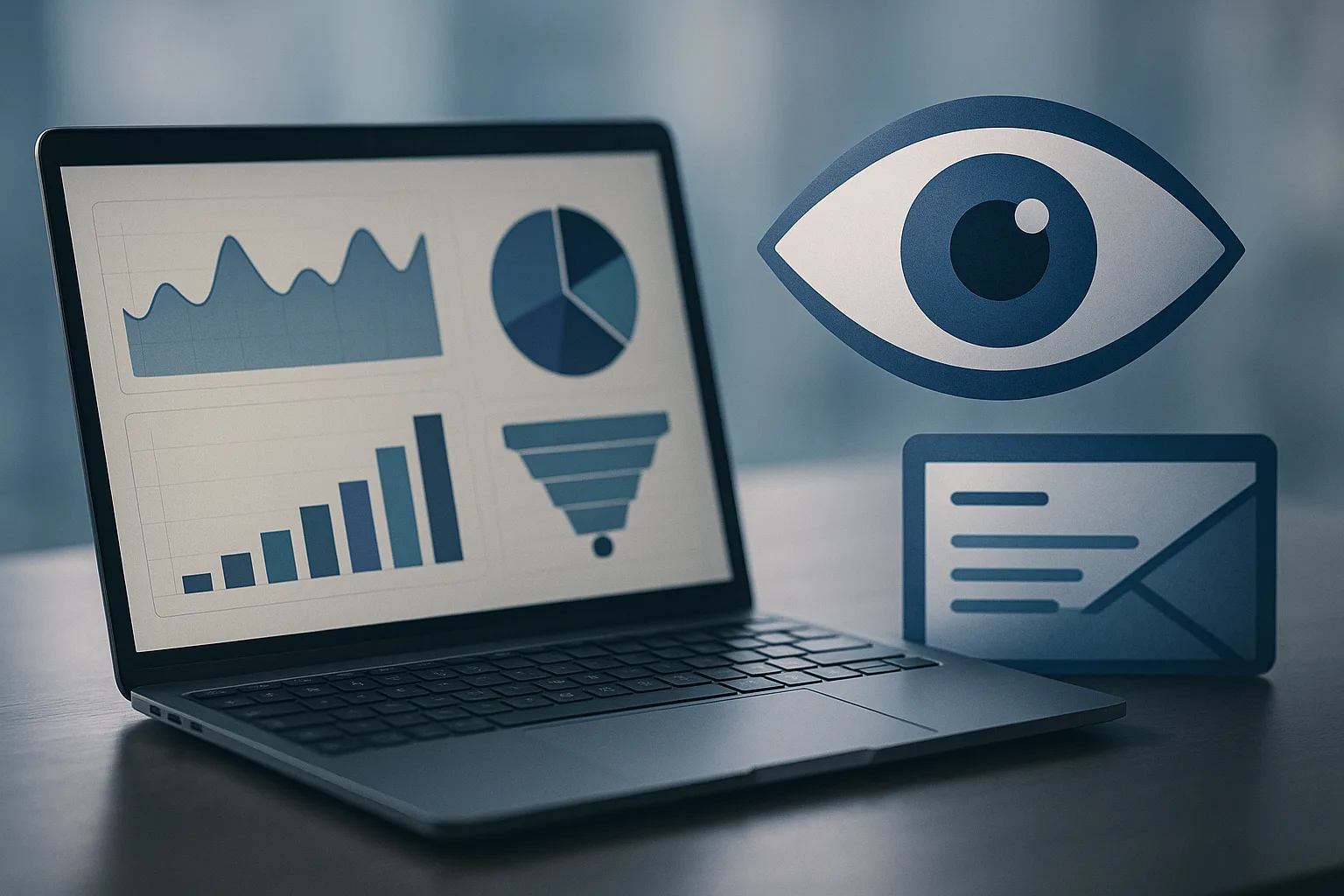 Laptop showing an e-commerce marketing dashboard with an eye motif watching an email inbox, representing Klaviyo email open and click tracking