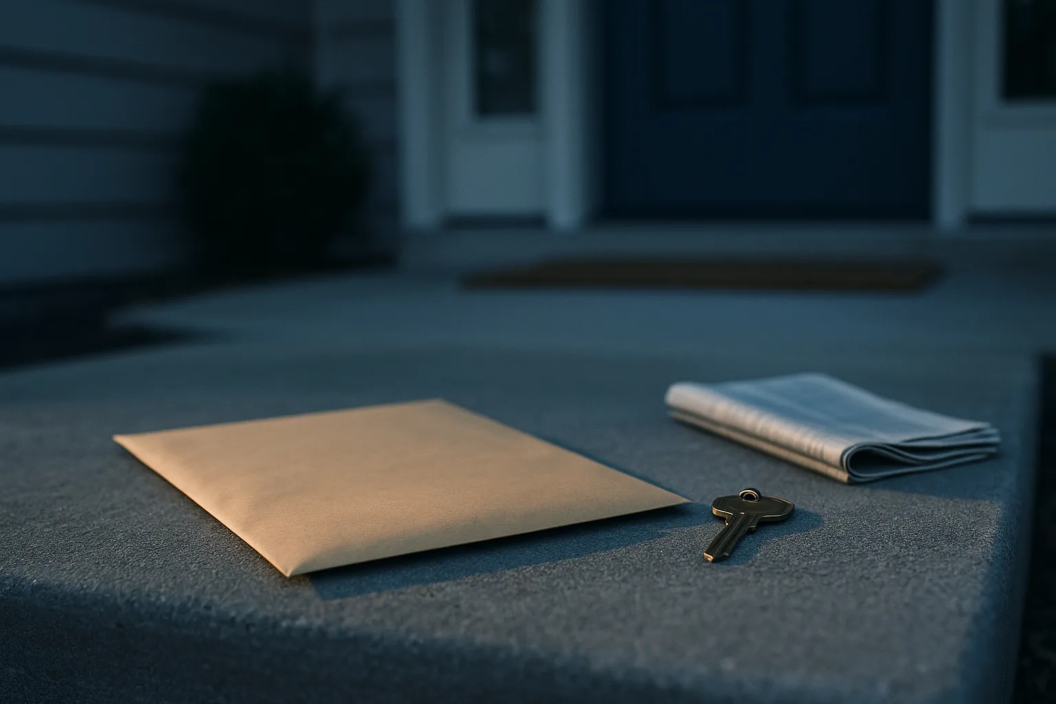 A federal grand jury subpoena document on a doorstep beside a house key, dim early morning light, representing DOJ subpoenas delivered to journalists' homes