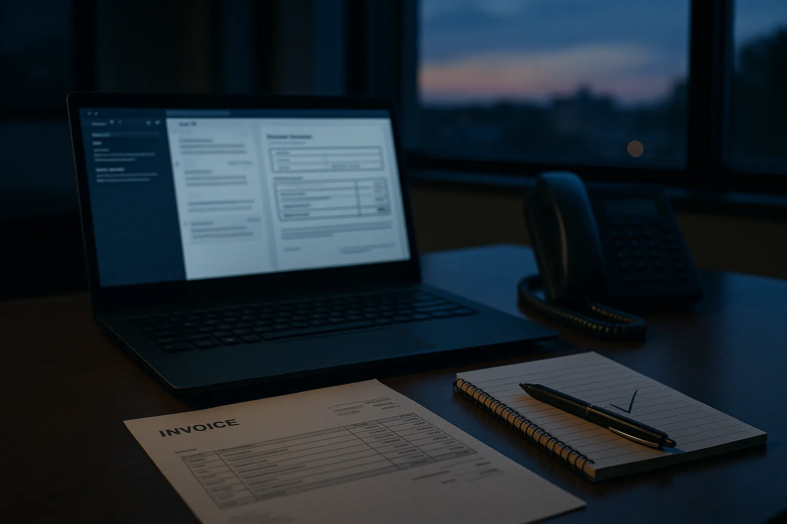 An accounts payable desk at dusk with an invoice, a laptop showing an email thread, and a desk phone for verifying payment changes, illustrating the business email compromise scheme run by two Dover airmen