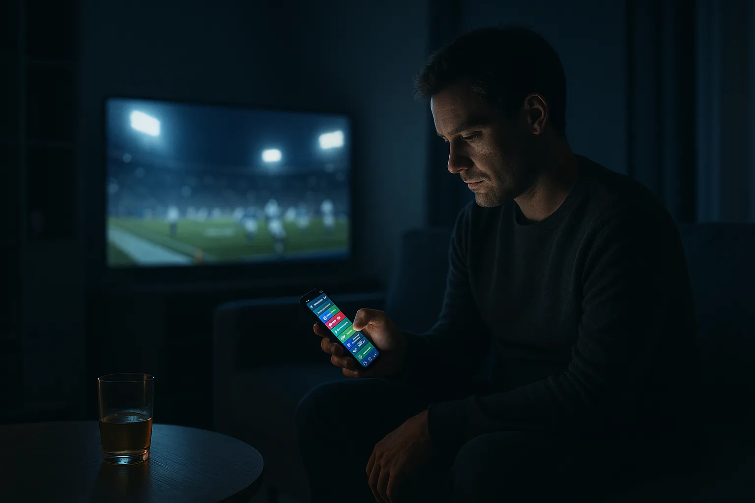 A person alone on a couch late at night lit by the glow of a phone betting app while a football game plays on the TV behind them