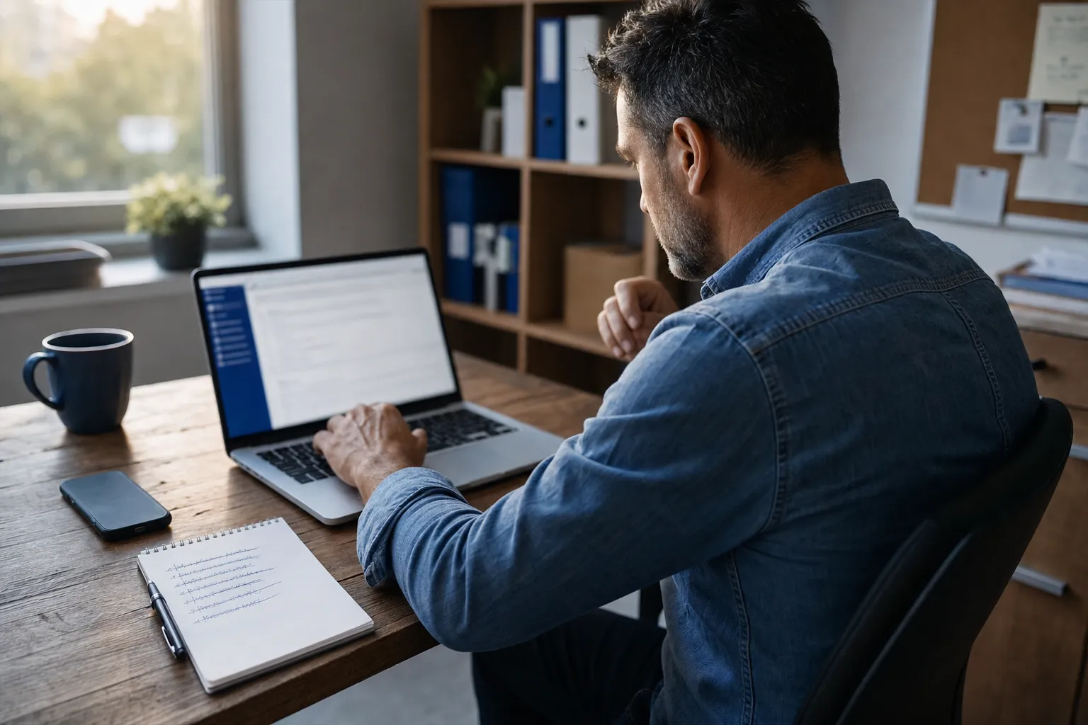 A small business owner at a wooden desk reviewing email account settings on a laptop beside a notepad and phone