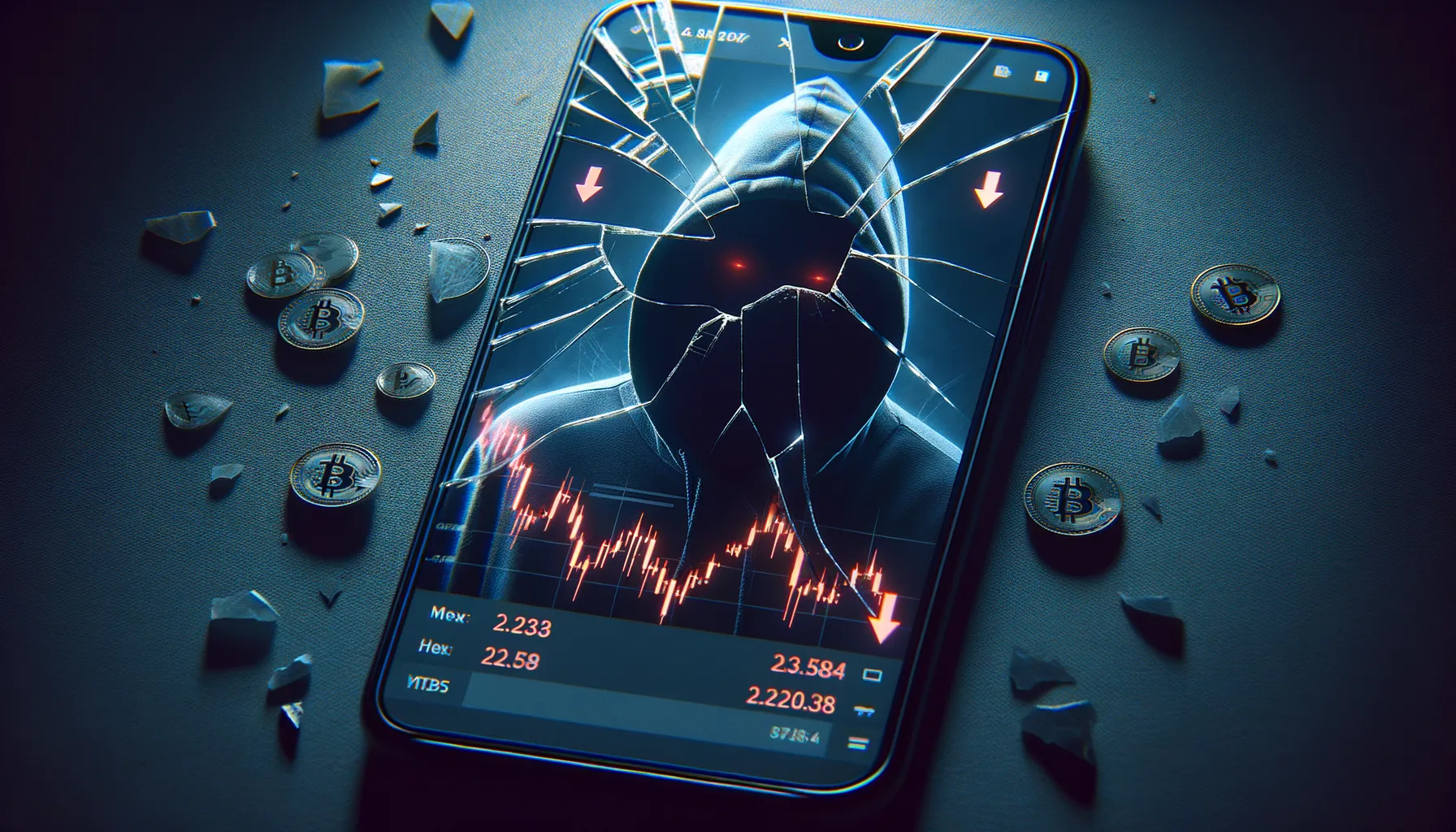 Cracked smartphone screen showing a cryptocurrency trading dashboard with declining charts