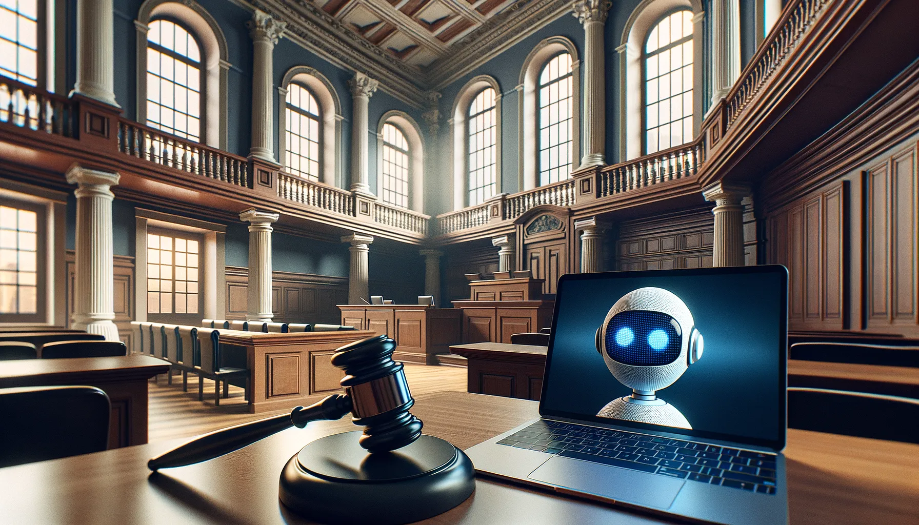 Courthouse gavel on a desk with a blurred laptop screen showing an AI interface in the background