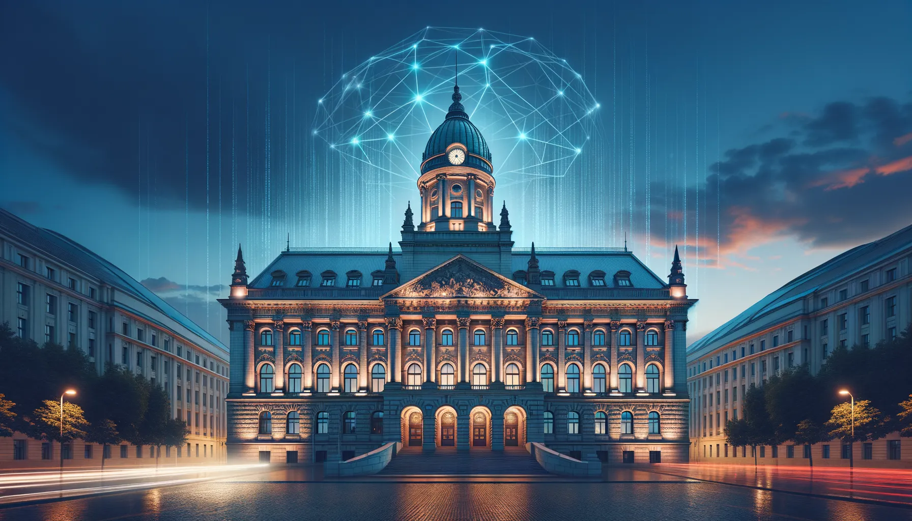 A European government ministry building at dusk with warm interior lights and a subtle digital network pattern overlay