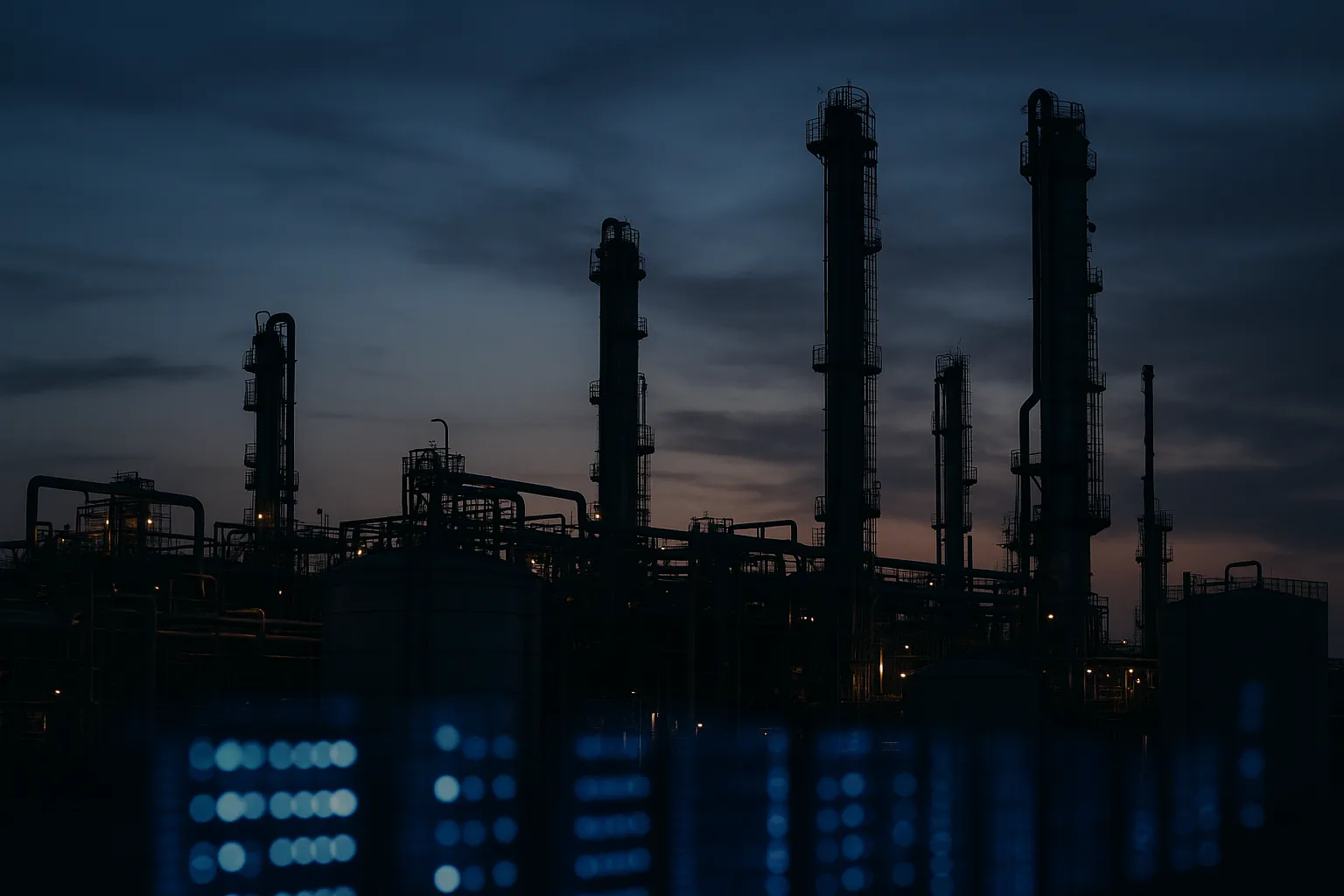Industrial oil refinery and pipeline infrastructure at dusk with a server rack visible in the foreground, representing the Ecopetrol cloud storage breach