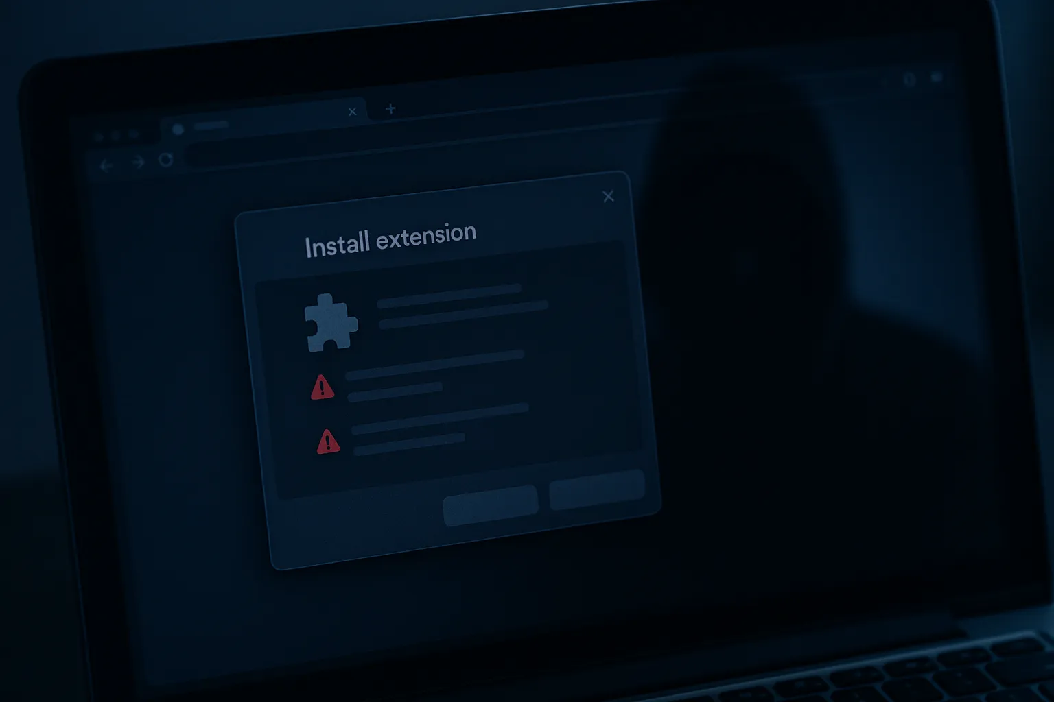 Computer browser with an extension installation dialog and subtle red warning indicators representing the Edgecution malicious extension attack