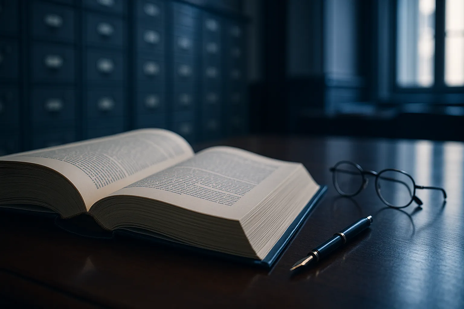 An open legal document on a dark wooden desk beside reading glasses and a pen, with rows of archive filing cabinets blurred in the background