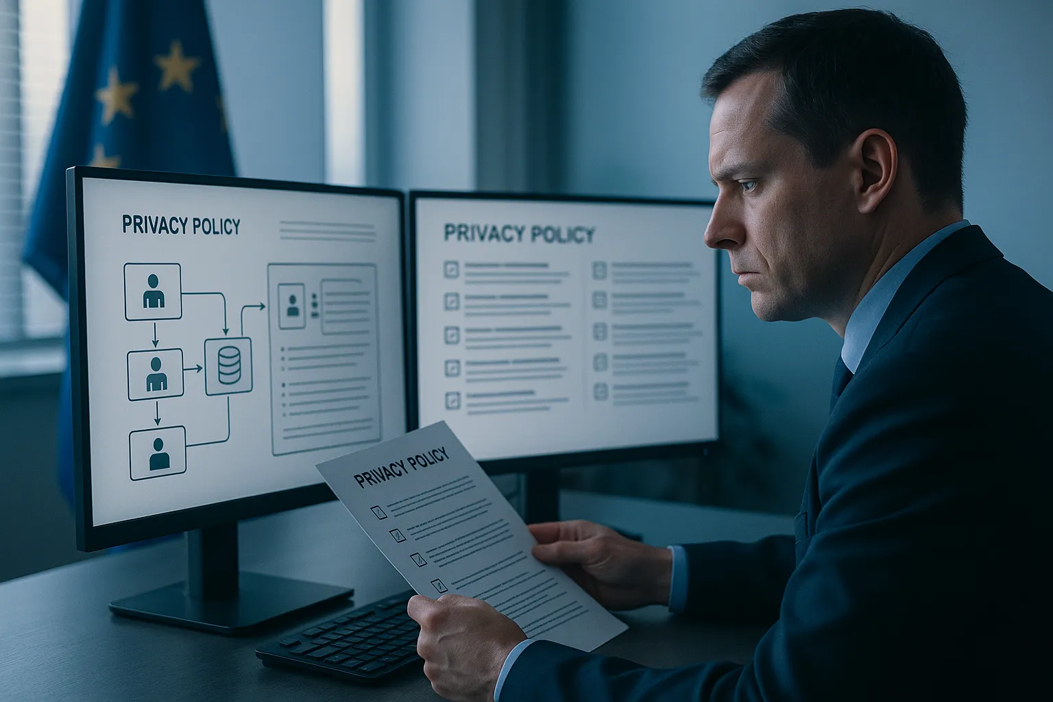 EU compliance officer reviewing GDPR data flow documents and privacy policy requirements