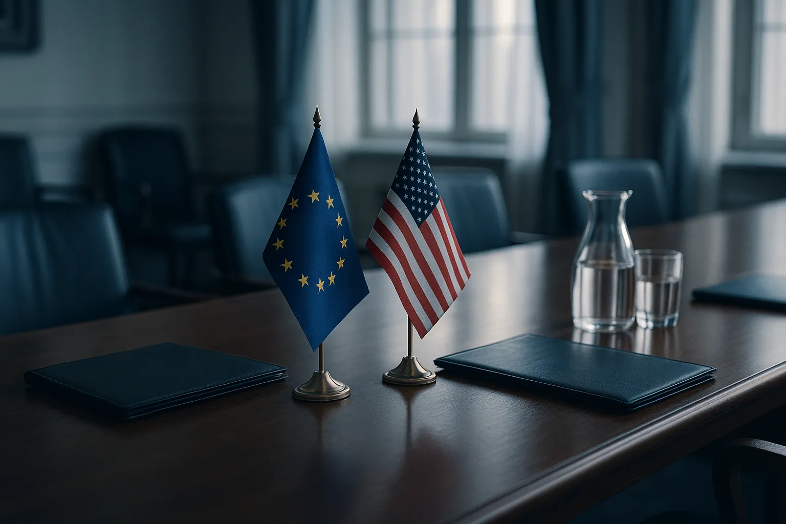 Small European Union and United States flags standing on a polished negotiating table beside closed leather document folders and empty chairs in a diplomatic meeting room