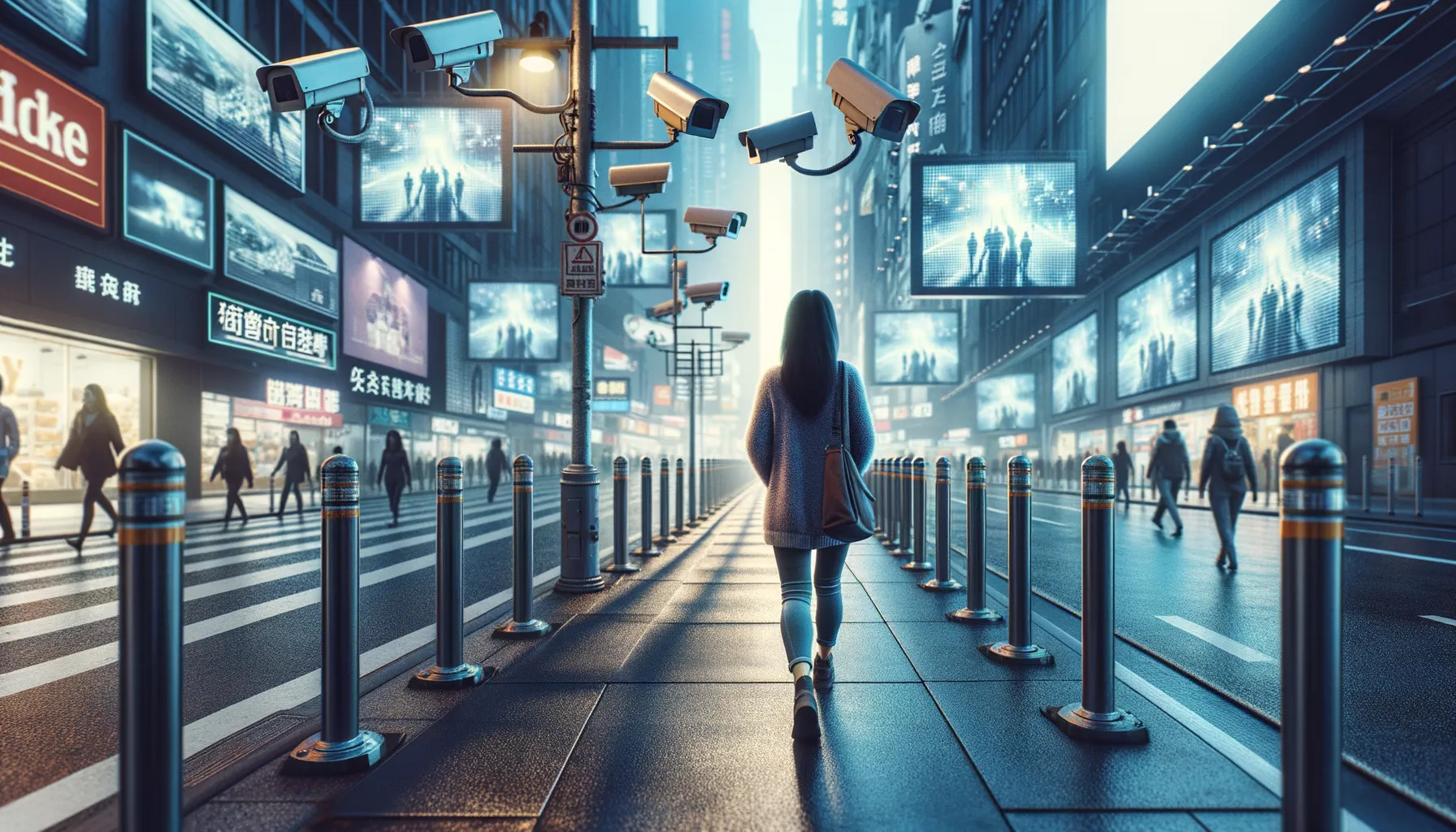 A figure standing at a crossroads between an advertising billboard and a government surveillance camera, illustrating the shared infrastructure of ad tech and law enforcement tracking