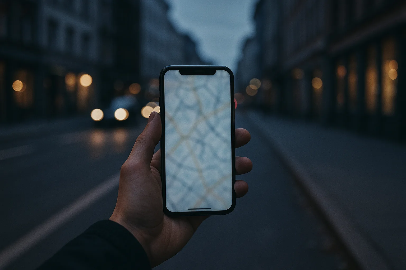 A hand holding a smartphone showing a blurred map application on a city sidewalk at dusk