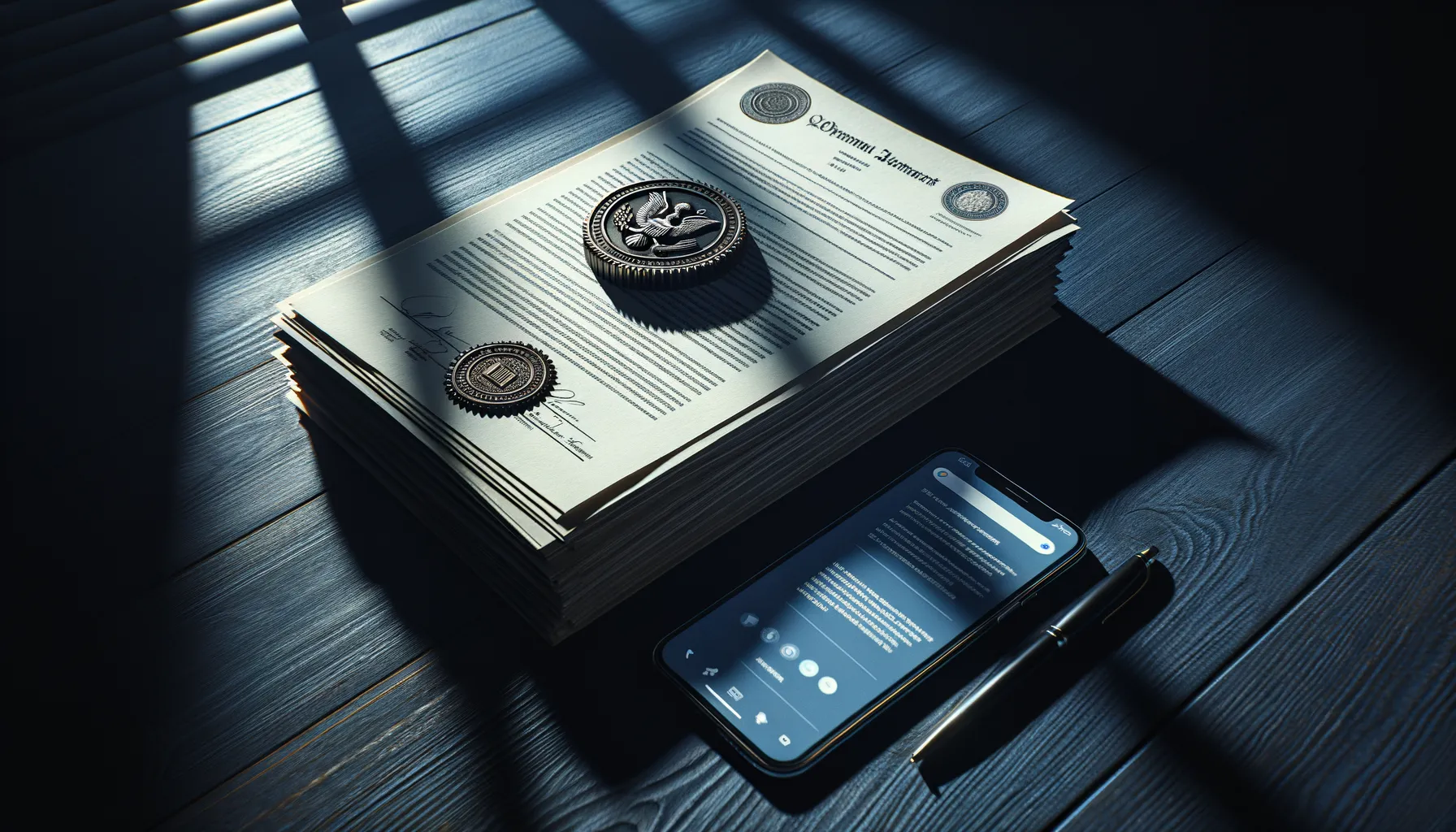 Stack of government documents and legal papers on a desk next to a smartphone showing a social media feed